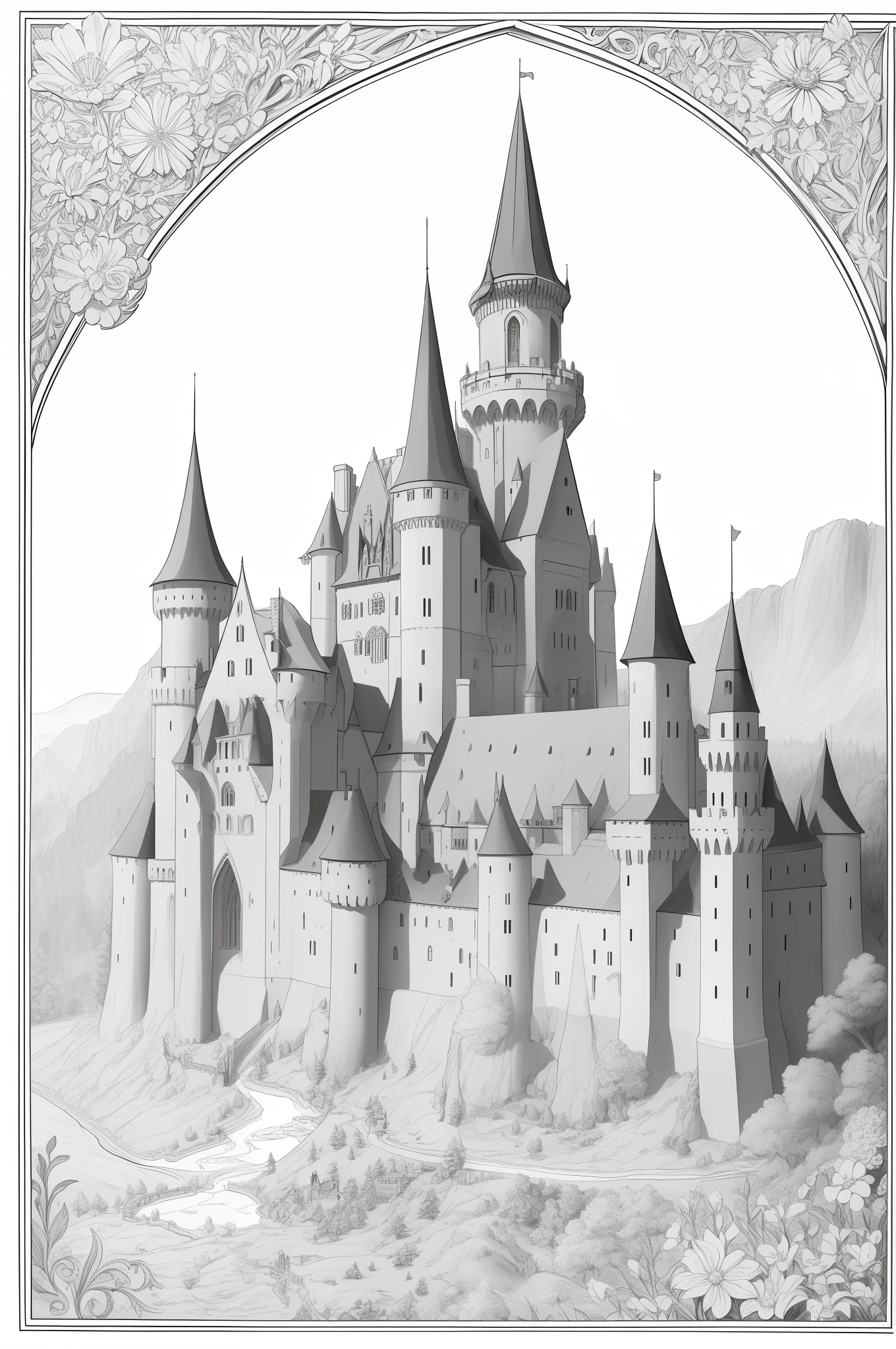 Beautiful and detailed medieval castle draw in 2d, masterpiece, best quality, lineart, monochrome, white background, black and white, coloring book for children, on paper, full page, free lines, art line high detailed, to print, perfect anatomy, ((white background)), flowers., 2d, 2d. cartoon Style.