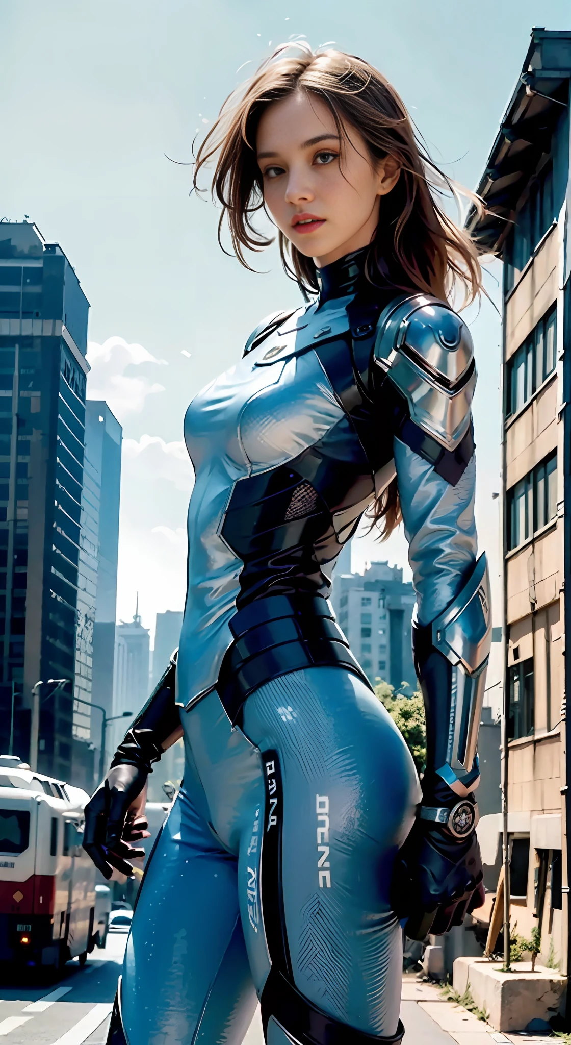 (1girl:1.3), solo, __body-parts__, official art, unified 8k wallpaper, super detailed, beautiful and aesthetic, beautiful, masterpiece, best quality, raw, masterpiece, super fine photo,, best quality, super high resolution, photorealistic photorealism, sunlight, full body portrait, amazing beauty,,dynamic pose, delicate face, vibrant eyes, (viewed from the side), she wears a futuristic Captain America suit, blue color scheme, (holding a shield in hand), A capital A on chest, very detailed abandoned warehouse background, detailed face, detailed complex busy background, messy, gorgeous, milky white, highly detailed skin, realistic skin details, visible pores, sharp focus, volumetric fog, 8k uhd, DSLR camera, high quality, film grain, fair skin, photo realism, lomography, huge metropolis in future dystopia, seen from below, translucent
