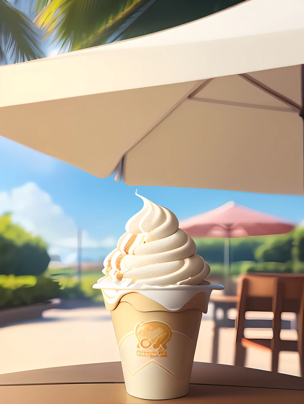 A cream ice cream in the cone melting on the table under the scorching sun. Outdoor ice cream room environment with background blur. Realistic, 8k