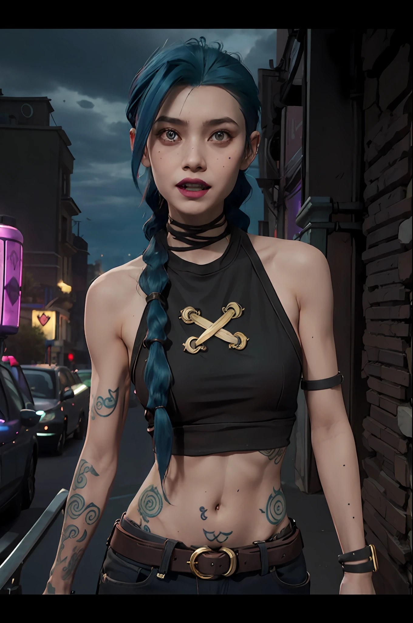 arcane style,

1girl, arm tattoo, asymmetrical bangs, bangs, blue hair, braid, brown shirt, cloud tattoo, looking at viewer, laughing, crazy, uncontrollable laugh, mad look, night, city, green hair, long hair, midriff, pink eyes, red lips, shirt, solo, standing, tattoo, twin braids, upper body, arcane jinx, jinx \(league of legends\)