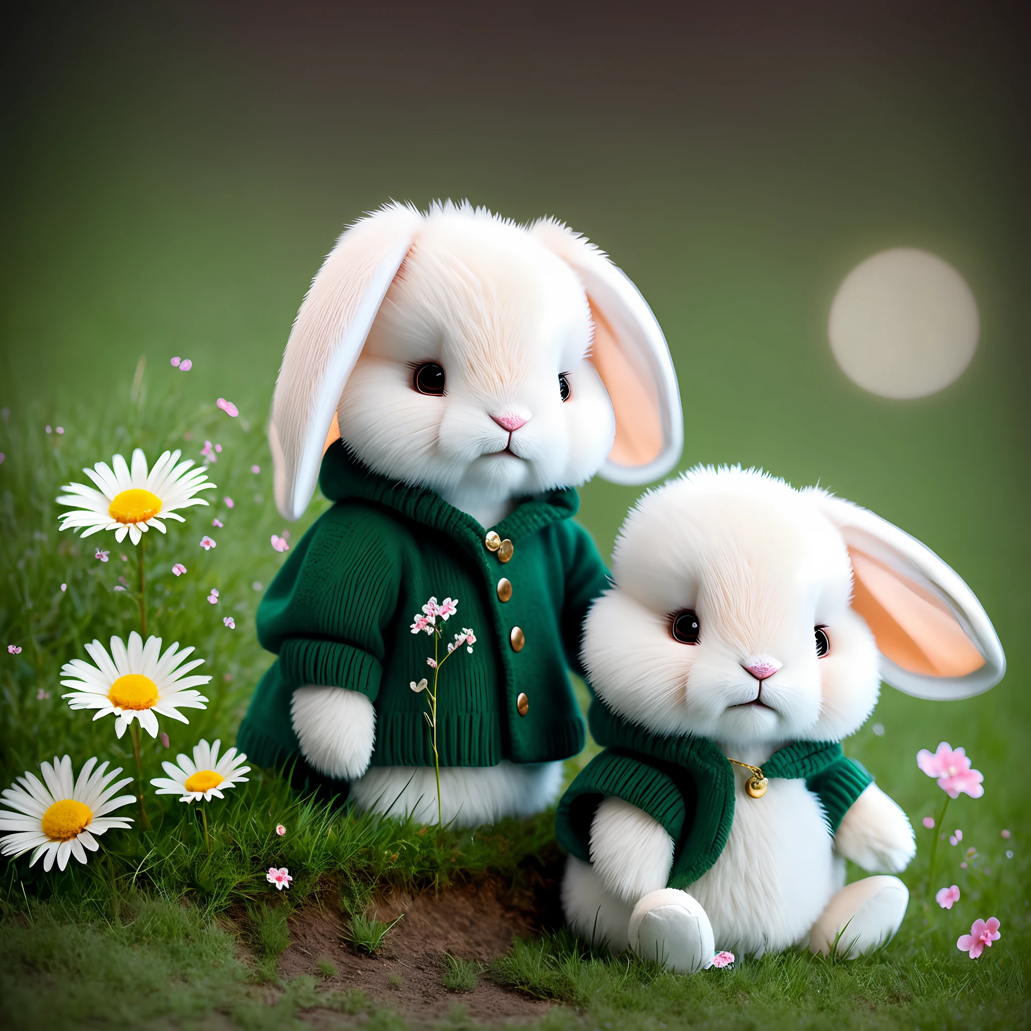 rabbit, blur, flower, natural, no_contrast, depth of field, style to8contrast, dark_glam, using drk_glam, deep shadows, (dark: 1.4) beautiful, cute, photorealistic, soft lighting, stuffed animal style, warm clothing, sunny day, on green grass, with flowers