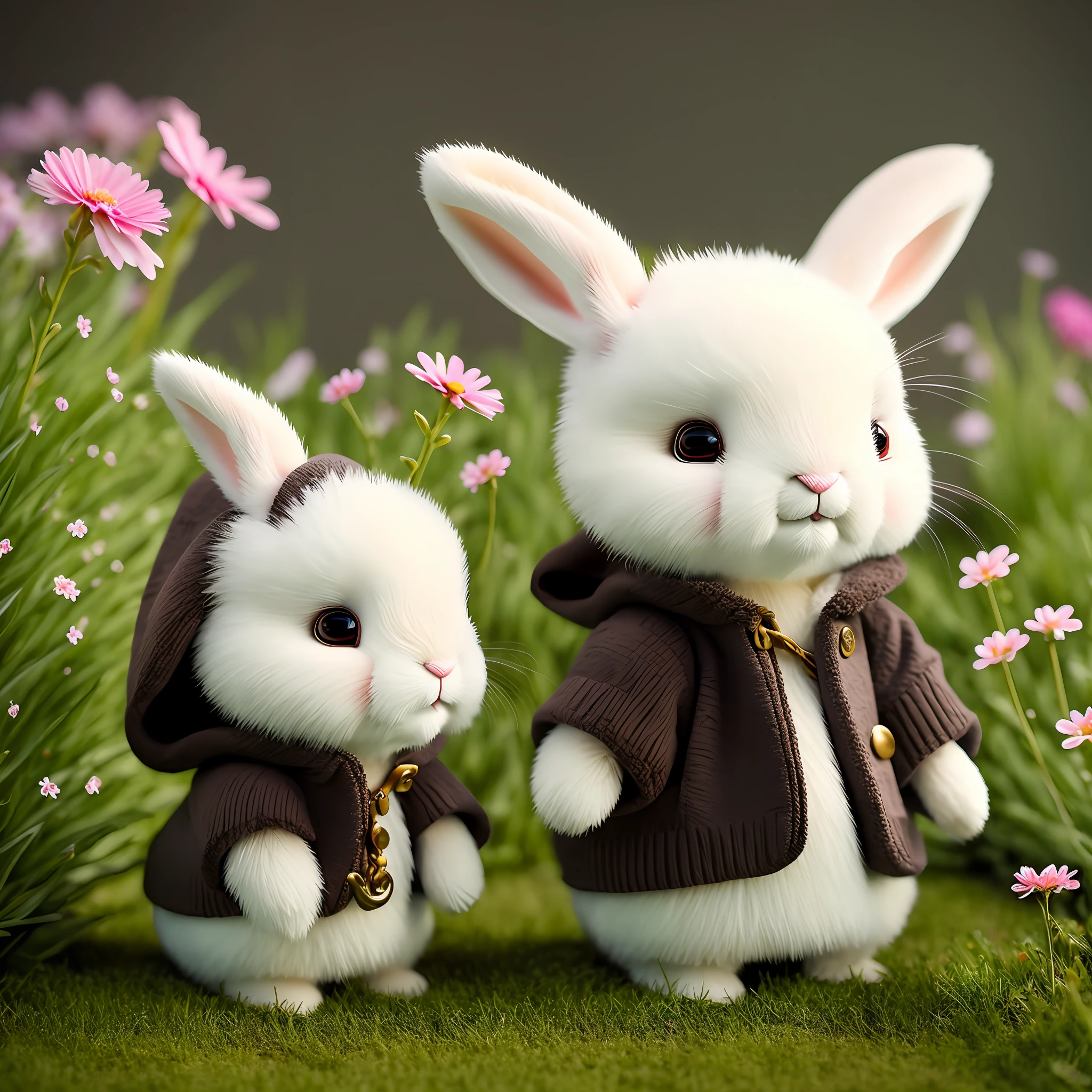 rabbit, blur, flower, natural, no_contrast, depth of field, style to8contrast, dark_glam, using drk_glam, deep shadows, (dark: 1.4) beautiful, cute, photorealistic, soft lighting, stuffed animal style, warm clothing, sunny day, on green grass, with flowers