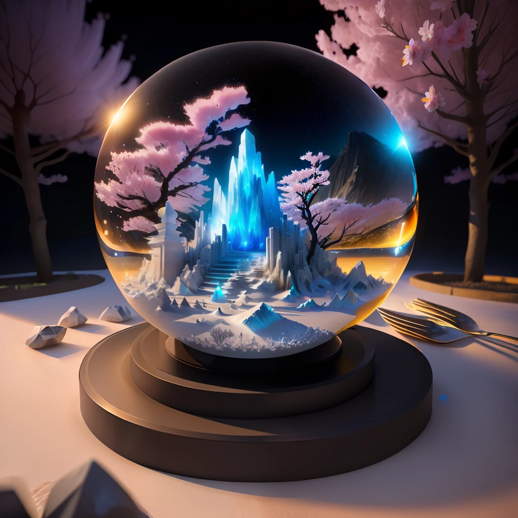 realistic photo of a large shining crystal stone, inside the crystal stone there is a mini galaxy, and this crystal stone has a gold base with marfin columns that extend to the top of the stone, the structure this part buried on a large anthill, around the anthill there are cherry blossoms,  scenery is the mountains in Japan with lights and magical particles in the air, photorealistic, 3D, 4k, HDR, ray tracing.