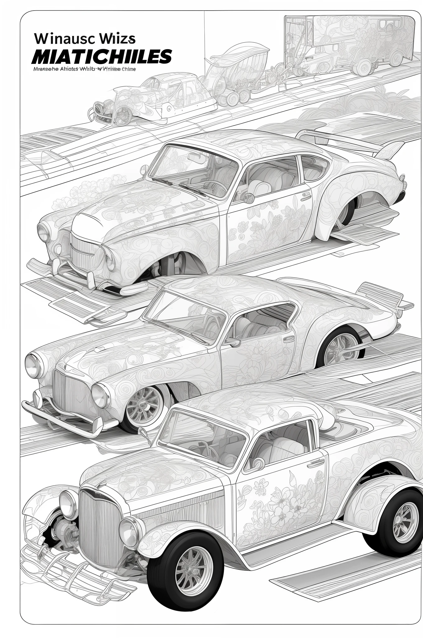 Hotwheels running draw in 2d, masterpiece, best quality, lineart, monochrome, white background, black and white, coloring book for children, on paper, full page, free lines, art line high detailed, to print, perfect anatomy, ((white background)), flowers., 2d, 2d. cartoon Style.