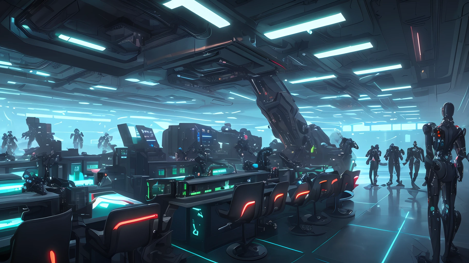 A technological science lab with several androids rebelling against humans. Cyberpunk scene, fantasy, detailed, LED ambient lighting, unreal engine, background blur, 8k