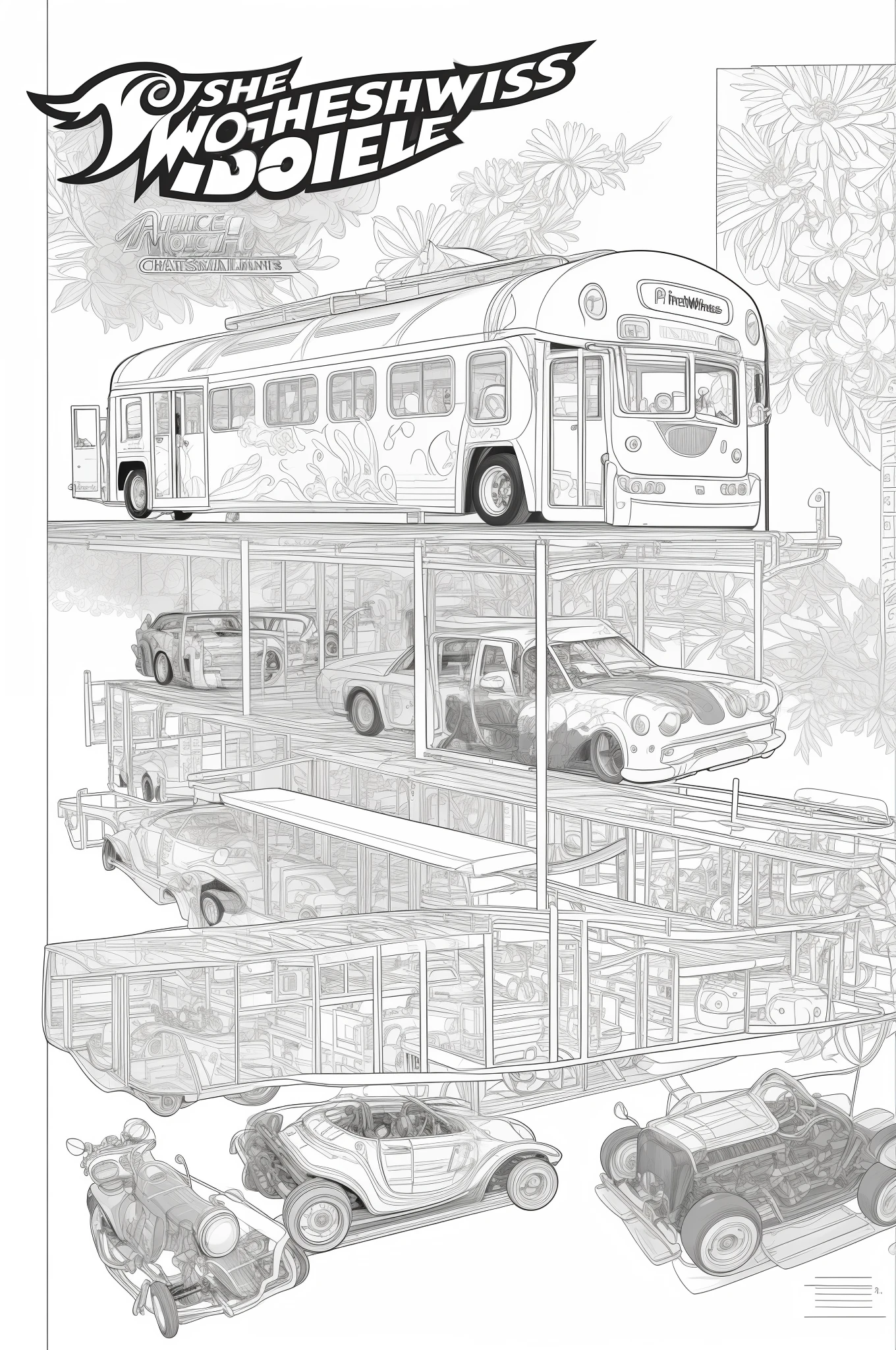 Hotwheels running draw in 2d, masterpiece, best quality, lineart, monochrome, white background, black and white, coloring book for children, on paper, full page, free lines, art line high detailed, to print, perfect anatomy, ((white background)), flowers., 2d, 2d. cartoon Style.
