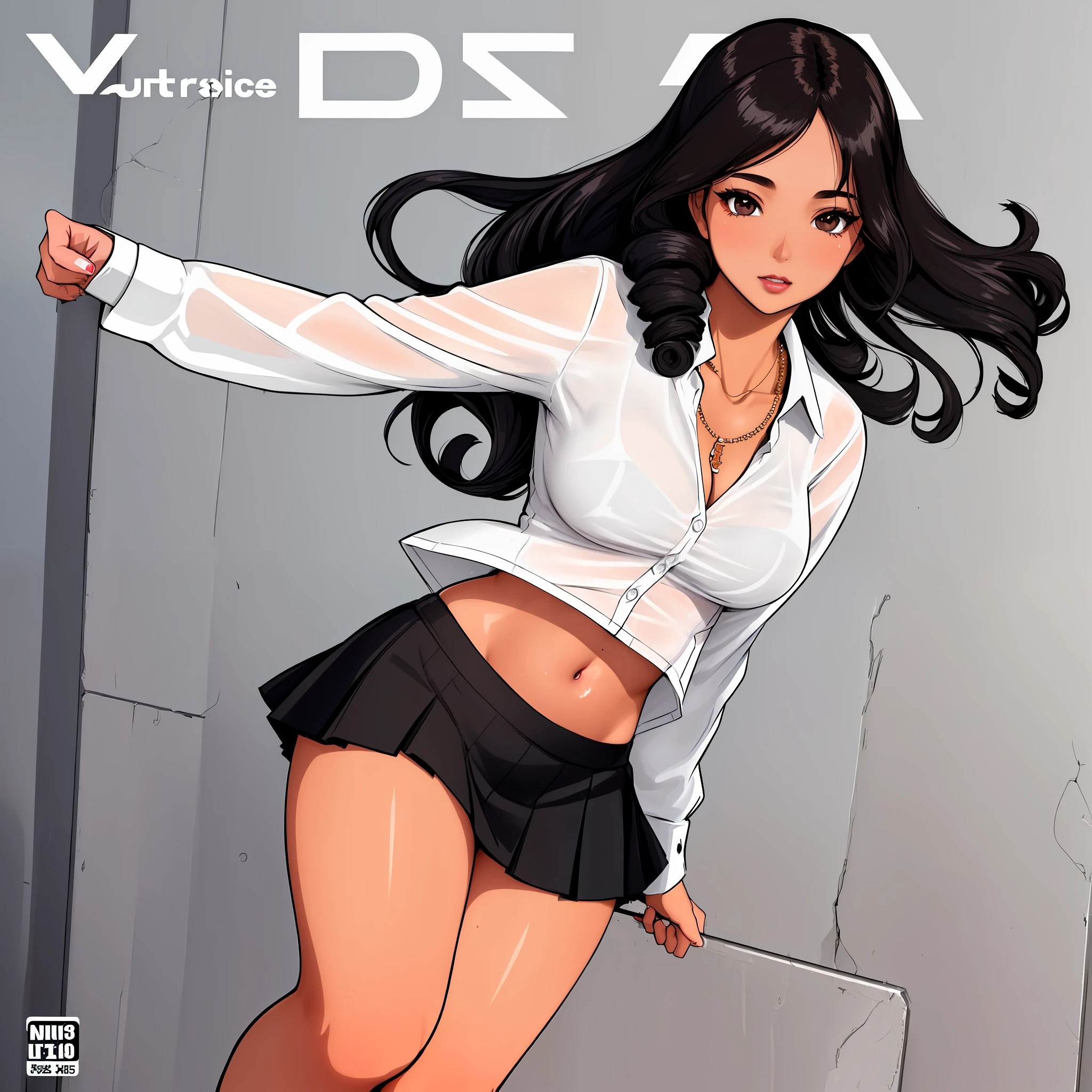 ((((best quality))), (((ultra detailed))), (((masterpiece))), illustration,(Magazine cover-style illustration of a fashionable ((latina woman)) in a vibrant outfit), posing in front of a colorful and dynamic background. She has a confident expression and is holding a statement accessory, The text on the cover should be bold and attention-grabbing, with the title of the magazine and a catchy headline. The overall style should be modern and trendy, with a focus on fashion and lifestyle),
wall paper,crowds,fashion,Lipstick,ray tracing,depth of field, street,in public,day
1girl,solo,looking at viewer, glossy skin, contrapposto, navel, midriff, necklace, female focus,model,medium breasts, ,street,in public, semi transparent ultrathin white shirt unbuttoned, school uniform, black knee high tights,black short miniskirt, arms crossed,
cool, see-through, school uniform,jitome,
,underboob,((floating curly hair, black colo hair, tanned skin)), sexy ,fine fabric emphasis, dynamic pose, negative space:0.35, realistic:1.33,