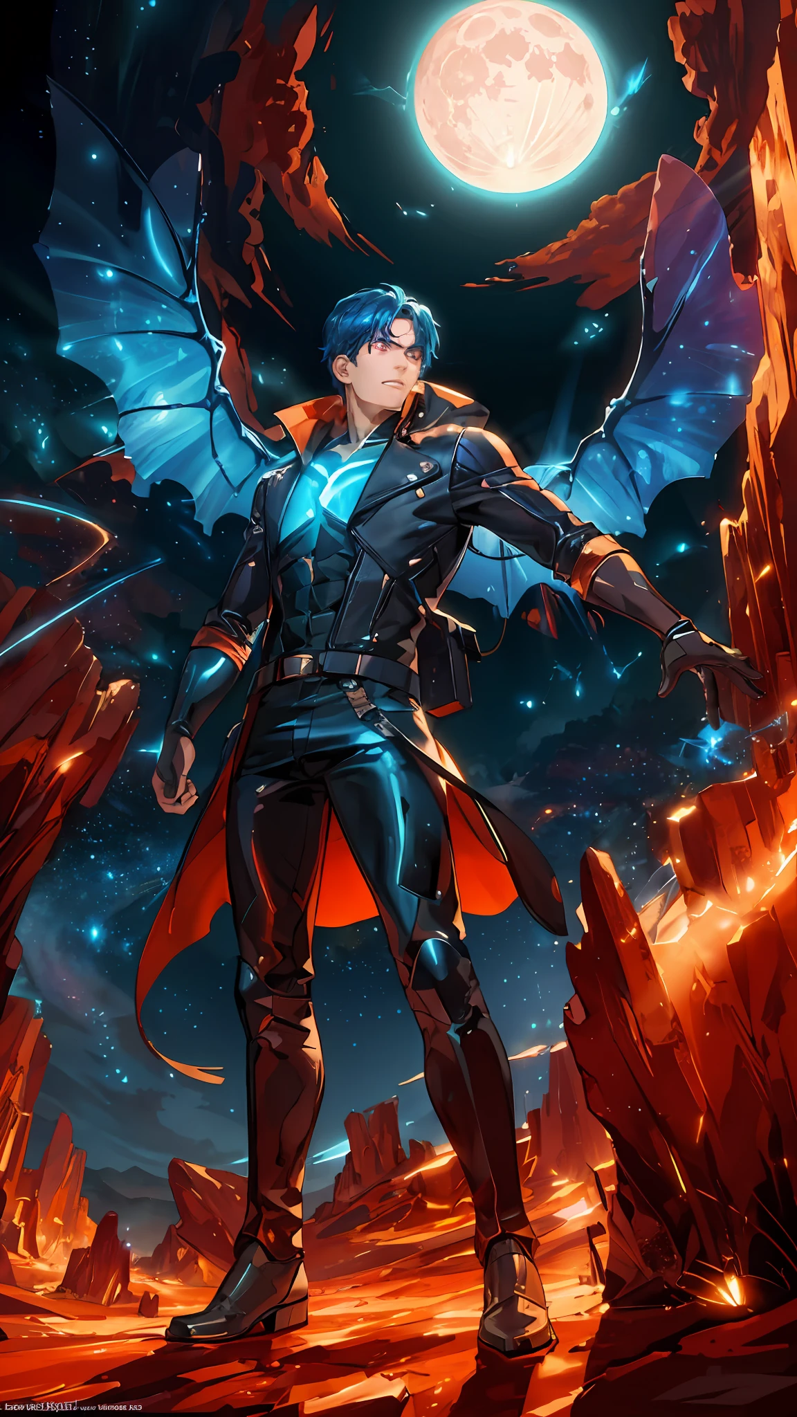 expansive landscape photograph , (a view from below that shows sky above and open field below), a boy wearing leather jacket and leather pant, has transparent wings on his back, holding a fireball, wearing sunglass, standing on field of magical glowing rocks, looking up, (full moon:1.2), ( shooting stars:0.9), (nebula:1.3), distant mountain, tree BREAK production art, (warm light source:1.2), (Firefly:1.2), lot of blue and orange, intricate details, volumetric lighting, realism BREAK (masterpiece:1.2), (best quality), 4k, ultra-detailed, (dynamic composition:1.4), highly detailed, colorful details,( iridescent colors:1.2), (glowing lighting, atmospheric lighting), dreamy, magical, (solo:1.2)