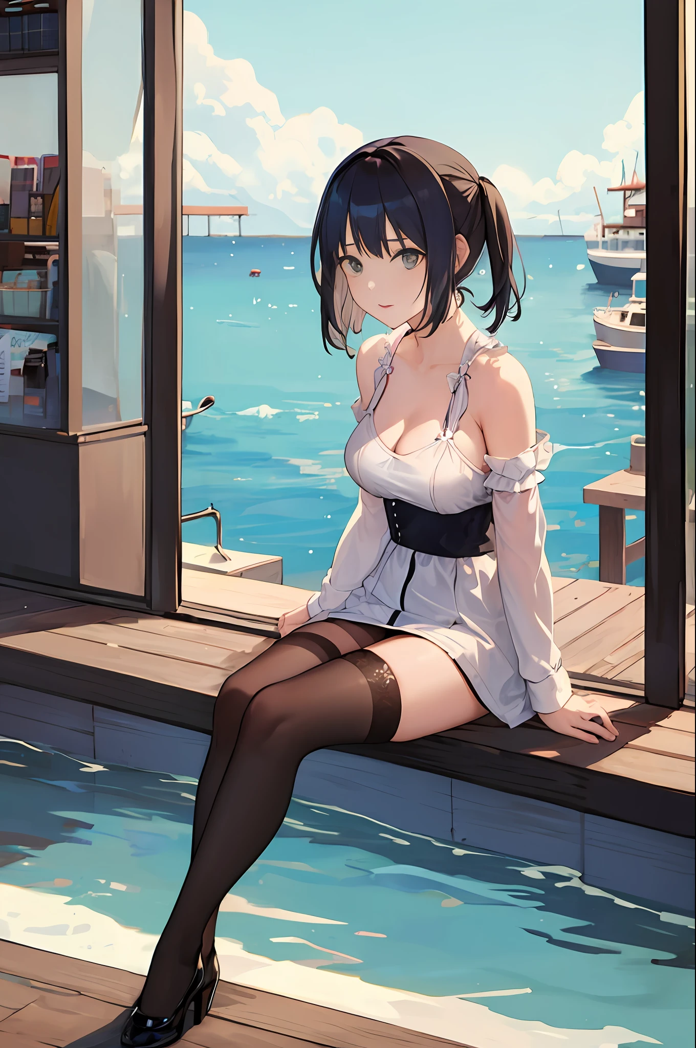 1 girl, sitting, sexy, fishing nets, all kinds of stockings, reflective
