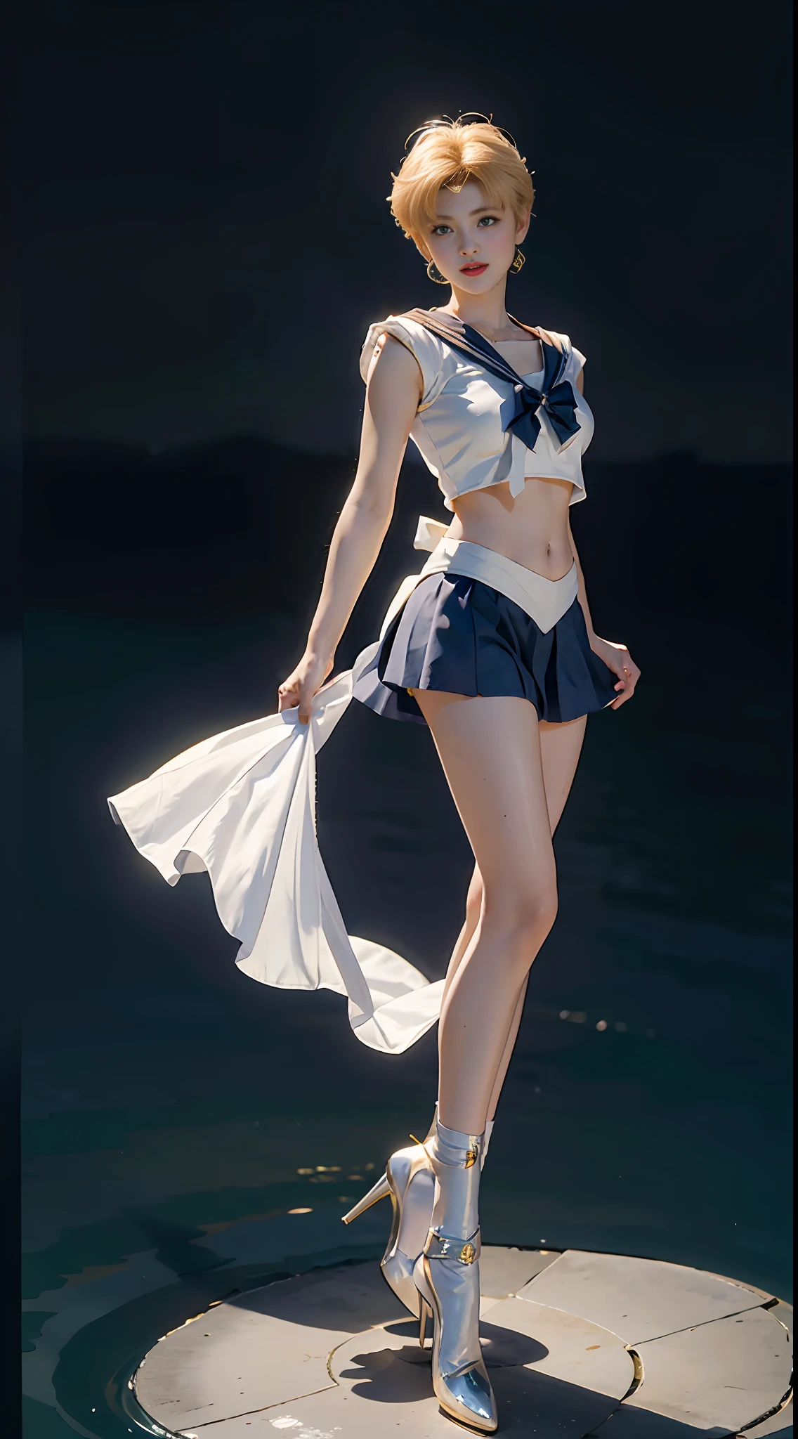 ((Sailor Moon 1:1)) ((Sailor Uranus 1:1)) Best Quality, Ultra High Resolution, Masterpiece, (Realisticity: 1.6), 16K, (1girl with open navel), (Sailor suit), (Yellow bow), (Blue miniskirt), White stockings, Full body photo, Life scene, Mature smile