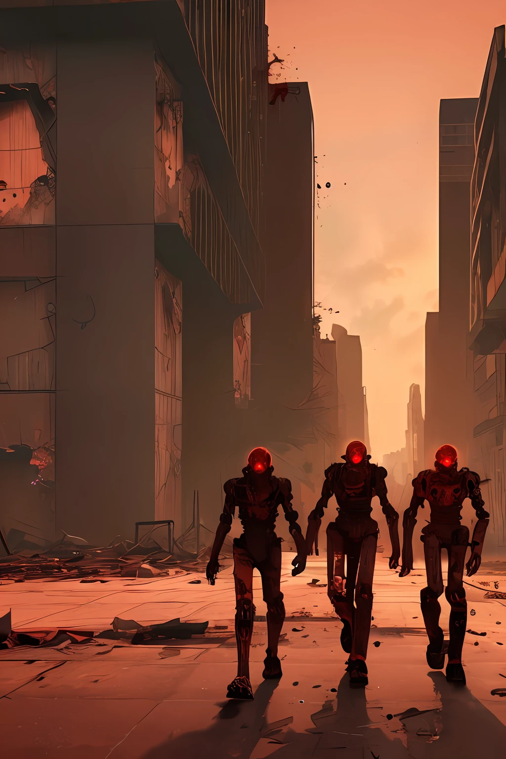 Zombie robots walking the streets of a city in post-apocalyptic ruins. Reddish and orange sky, extremely detailed scene, unreal engine, 8k