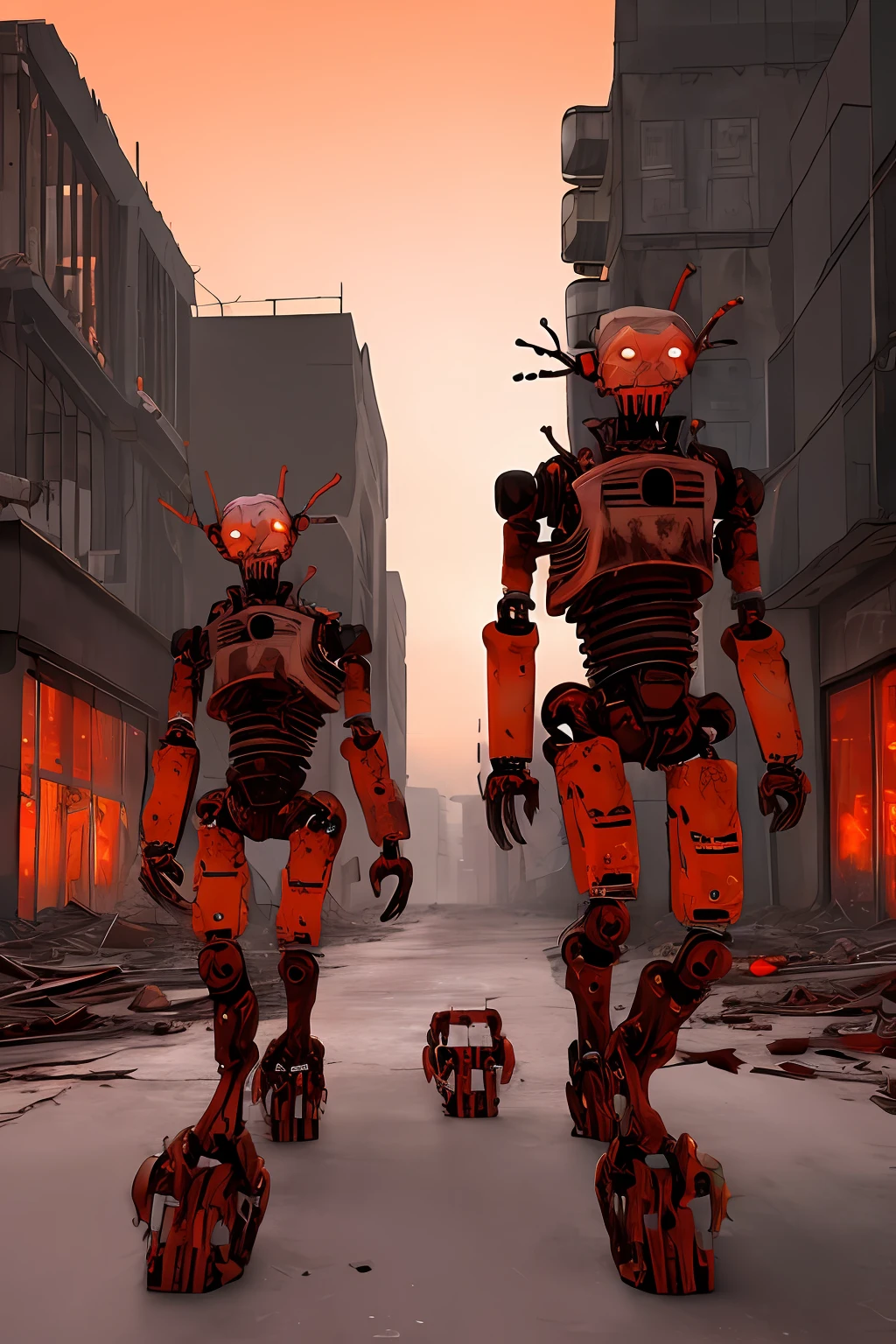 Zombie robots walking the streets of a city in post-apocalyptic ruins. Reddish and orange sky, extremely detailed scene, unreal engine, 8k