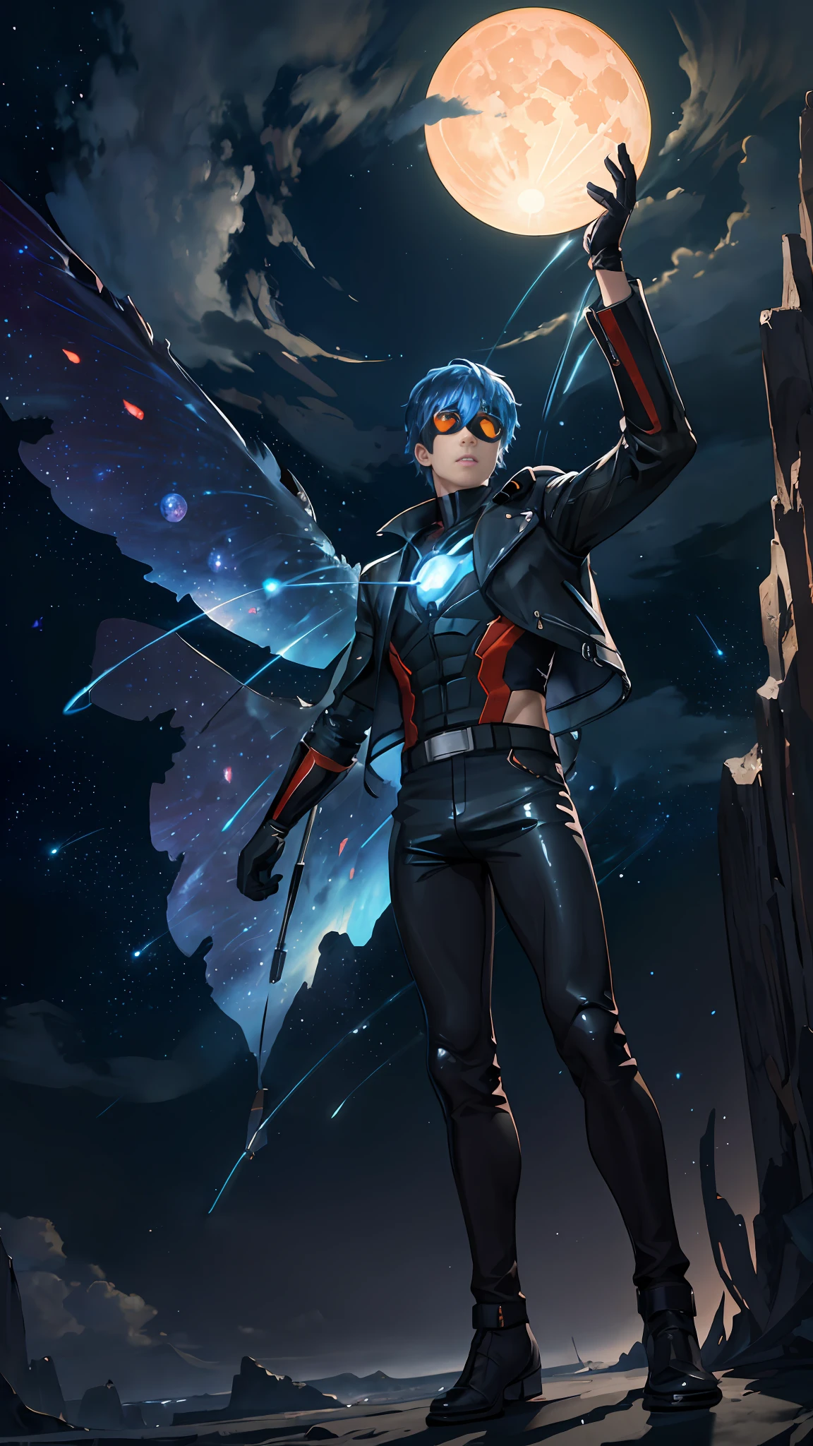 expansive landscape photograph , (a view from below that shows sky above and open field below), a boy wearing leather jacket and leather pant, has transparent wings on his back, holding a fireball, wearing superhero eye mask (black), standing on field of magical glowing rocks, looking up, (full moon:1.2), ( shooting stars:0.9), (nebula:1.3), distant mountain, tree BREAK production art, (warm light source:1.2), (Firefly:1.2), lot of blue and orange, intricate details, volumetric lighting, realism BREAK (masterpiece:1.2), (best quality), 4k, ultra-detailed, (dynamic composition:1.4), highly detailed, colorful details,( iridescent colors:1.2), (glowing lighting, atmospheric lighting), dreamy, magical, (solo:1.2)