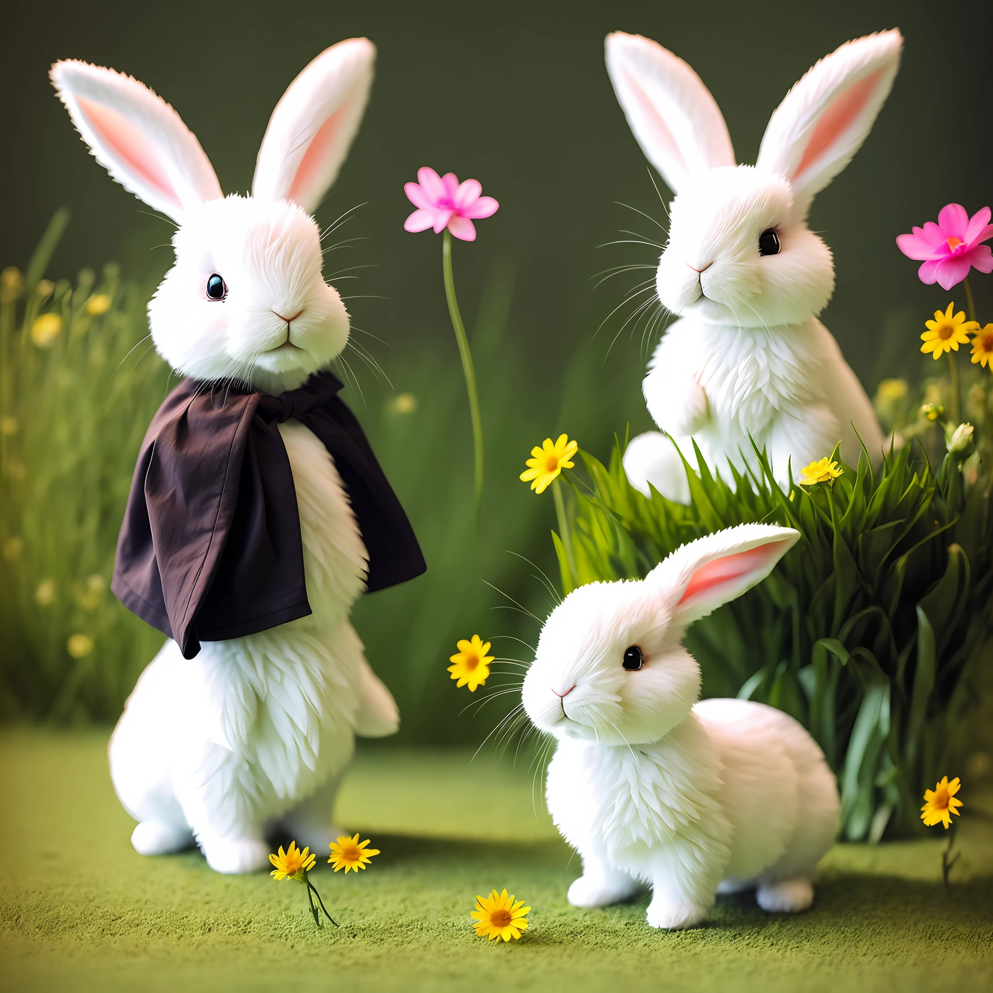 rabbit, blur, flower, natural, no_contrast, depth of field, style to8contrast, dark_glam, using drk_glam, deep shadows, (dark: 1.4) beautiful, cute, photorealistic, soft lighting, stuffed animal style, no clothes, sunny day, on green grass, with flowers