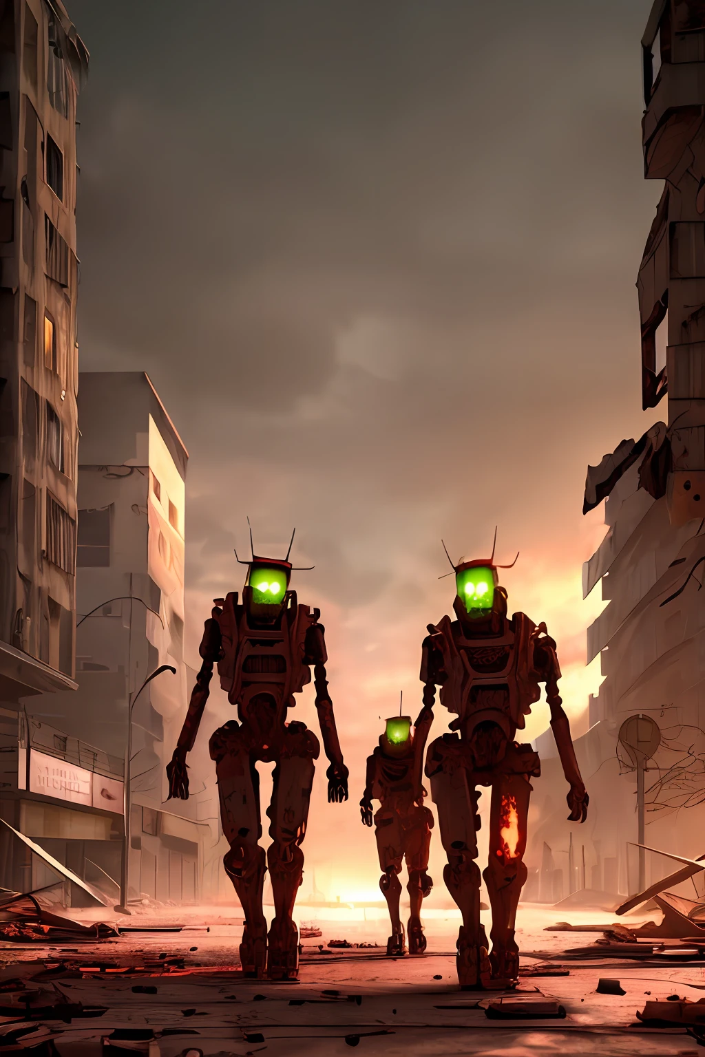 Zombie robots walking the streets of a city in post-apocalyptic ruins. Reddish and orange sky, extremely detailed scene, unreal engine, 8k