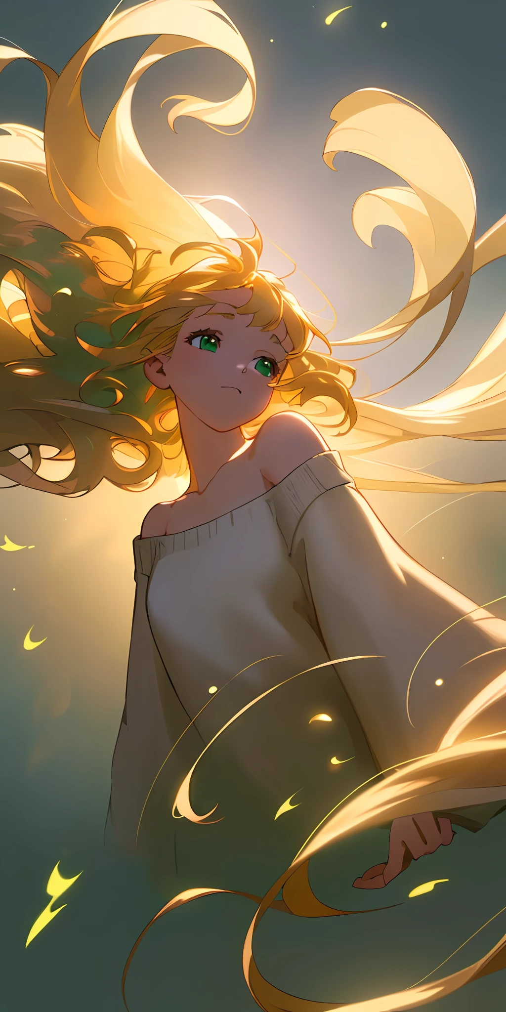 (extremely detailed CG unity 8k wallpaper,masterpiece, best quality, ultra-detailed),(best illumination, best shadow, an extremely delicate and beautiful),floating,high saturation,[(1girl),beautiful green sparkling eyes,long blonde hair,white shirt,oversized sweater,off shoulder,looking up,wind blowing through hair,long shot]:1.2