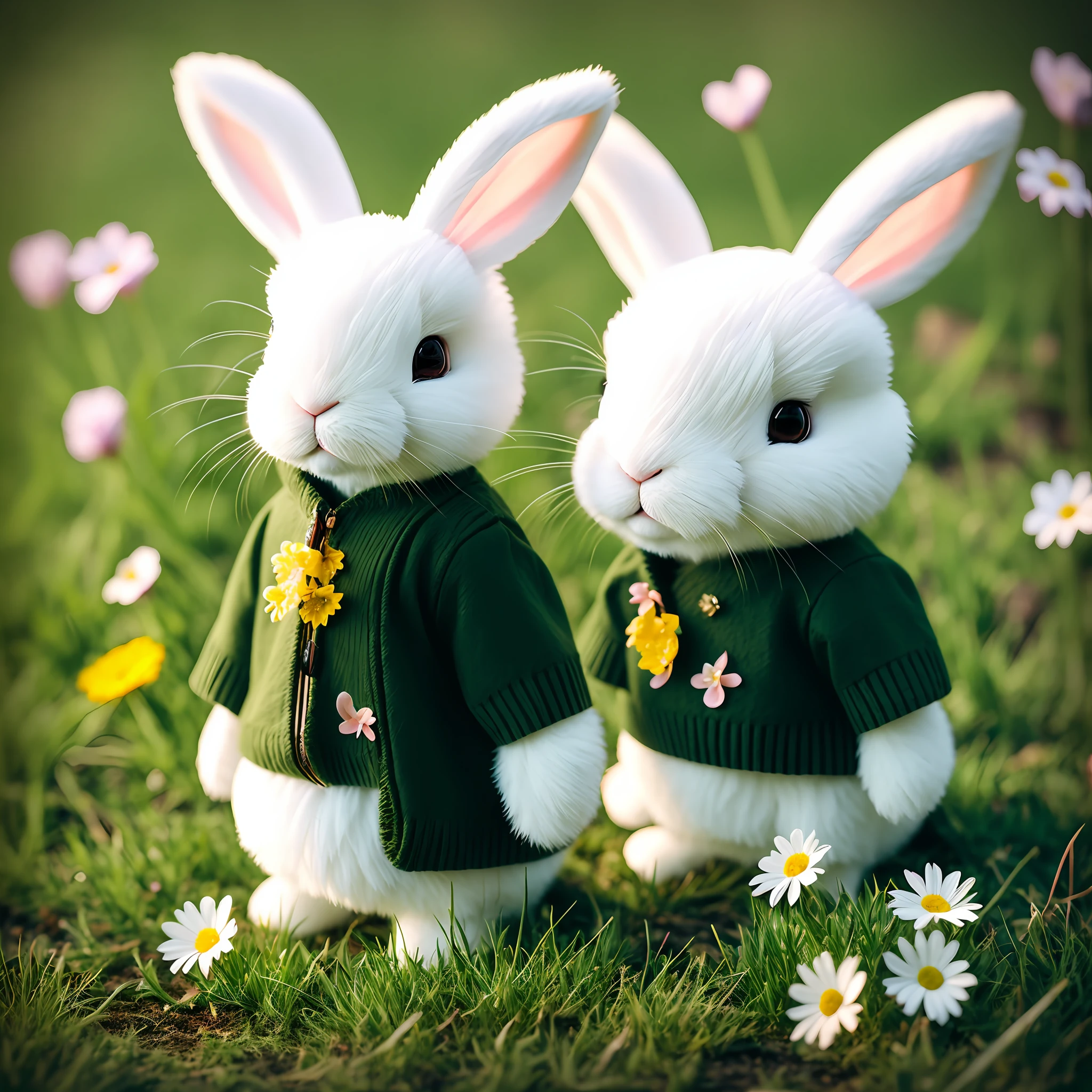 rabbit, blur, flower, natural, no_contrast, depth of field, style to8contrast, dark_glam, using drk_glam, deep shadows, (dark: 1.4) beautiful, cute, photorealistic, soft lighting, stuffed animal style, warm clothing, sunny day, on green grass, with flowers