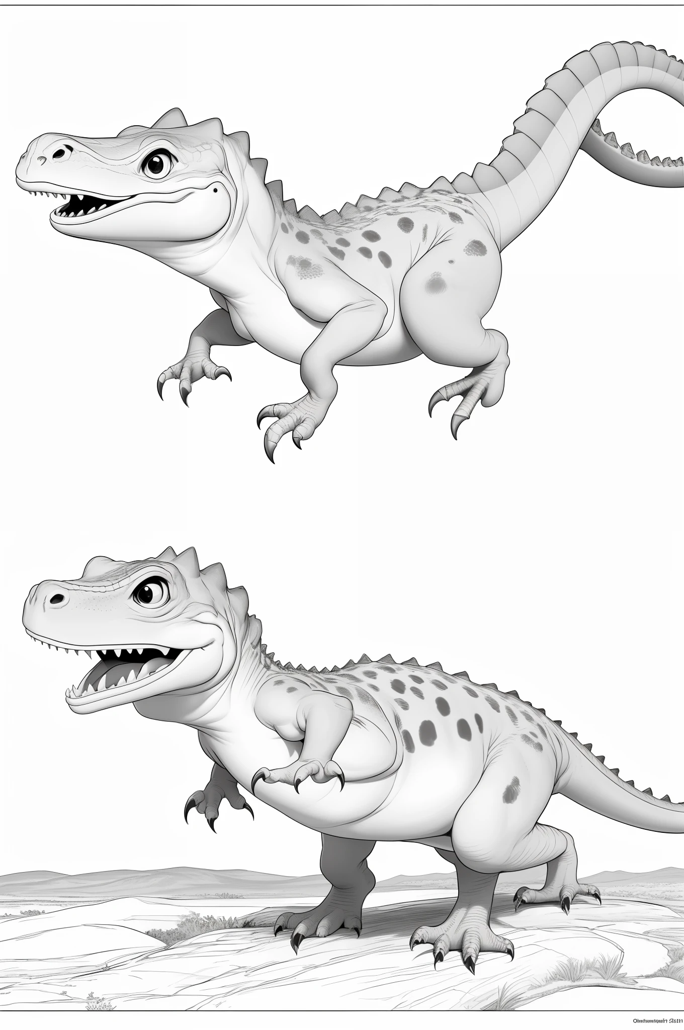  dinosaur  in 2d,   masterpiece, best quality, lineart, monochrome, white background, black and white, coloring book for chil paper, full page, free lines, art line high detailed, to print, perfect anatomy, ((white background)), 2d, 2d. cartoon Style, thick lines art, fine line art.