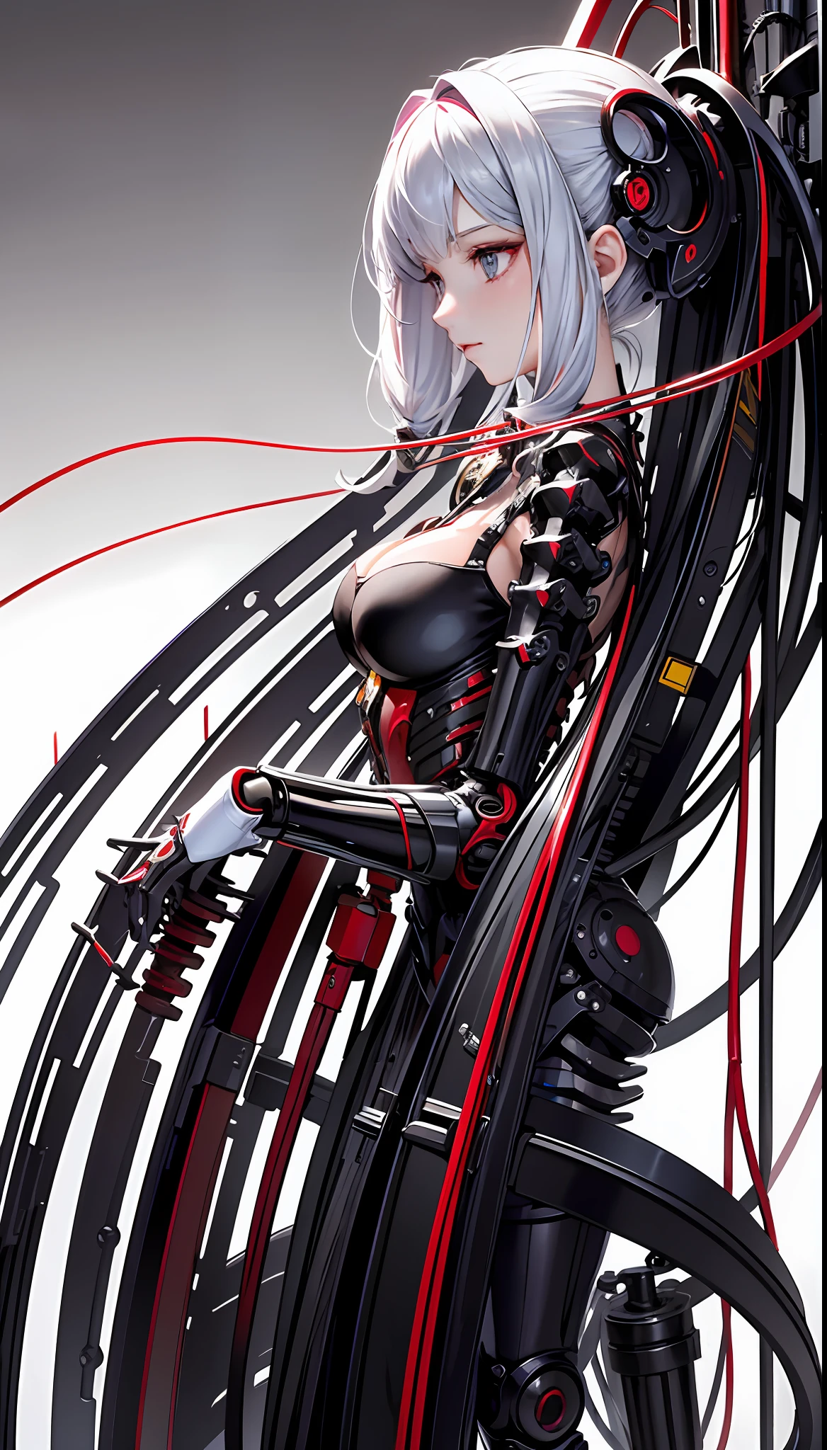 (Masterpiece, Top Quality, Best Quality, Official Art, Beautiful Indulgence: 1.2), (1 Girl: 1.3), Very Detailed, Colorful, Supreme Detail ((Ultra Detailed)), (Highly Detailed CG Illustration), (Very Delicate and Beautiful)), (From the Side), Cinematic Light, (1 Machine Girl)), Solo, Full Body, (Mechanical Joints: 1.2), ((Mechanical limbs)), (Blood vessels connected to tubes), ( Mechanical vertebrae attached to the back), ((Mechanical cervical vertebrae attached to the neck)), expressionless, (Wires and cables attached to the neck: 1.2), (Head wires and cables: 1.2) (Character focus), (Lower body integrated with mechanical devices), Science fiction, White background, (Blood: 1.5), cruelty, absurdity, erotic rotesque, fusion with machines