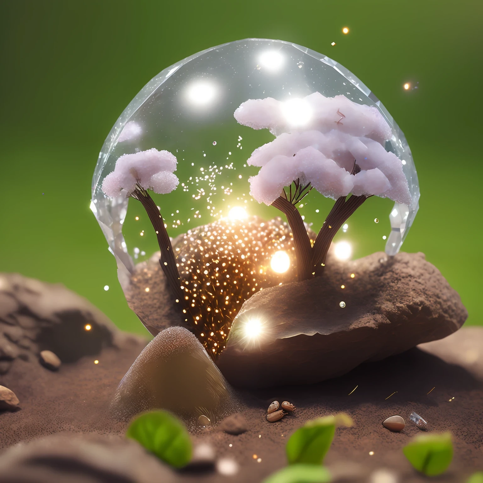 realistic photo of an anthill with a large bright crystal stone, inside the crystal stone has cherry tree in bloom, the crystal is partly buried over the anthill, scenery is a macro image of lawn with a garden lights and particles in the air, photorealistic, 8k, +HDR, +ray tracing.