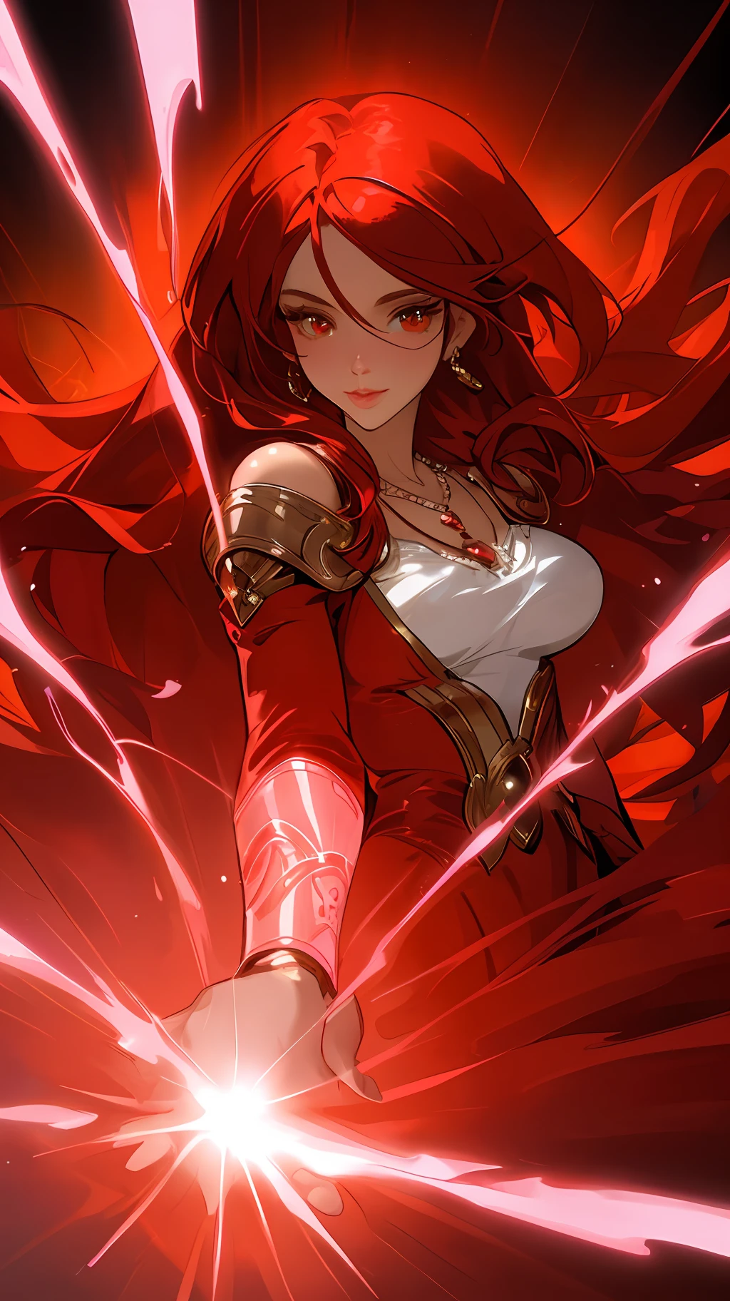 A woman wearing a necklace and holding him in the necklace with a bright red outfit card, cute eyes, looking at his energy, nice lip, long hair on the shoulder, epic exquisite character art, concept art