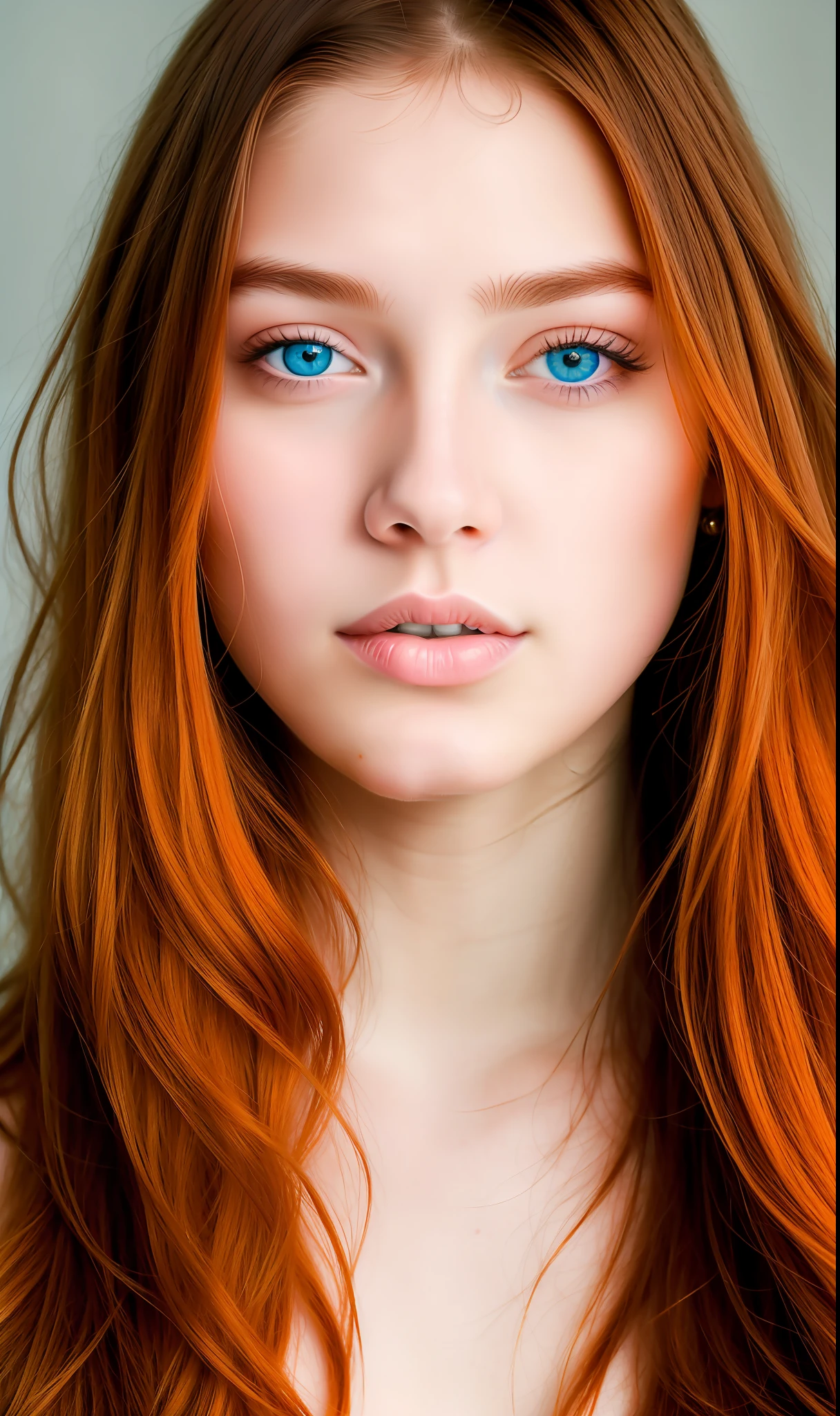 (masterpiece), photo of a beautiful 18-year-old girl with blue eyes, she has orange hair, smooth, soft and brunette skin; symmetrical eyes, soft lighting; Highly rendered by Bagshaw, guweiz, masterpiece, best quality, 4K. no hands