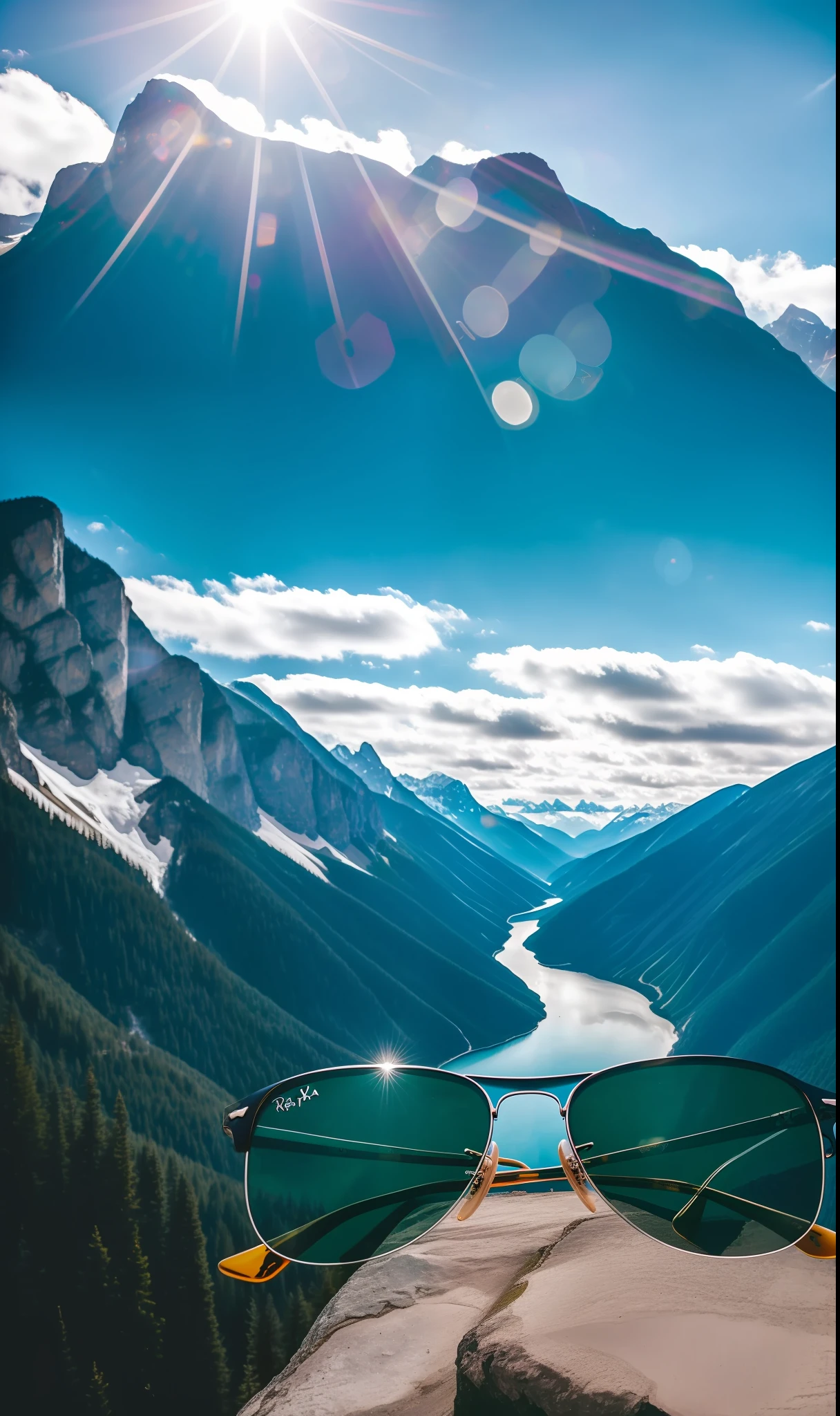 RAW photo, prada glasses, ray-ban, flying, amazing landscape, mountains, sun, 8k uhd, dslr, high quality, film grain, Fujifilm XT3