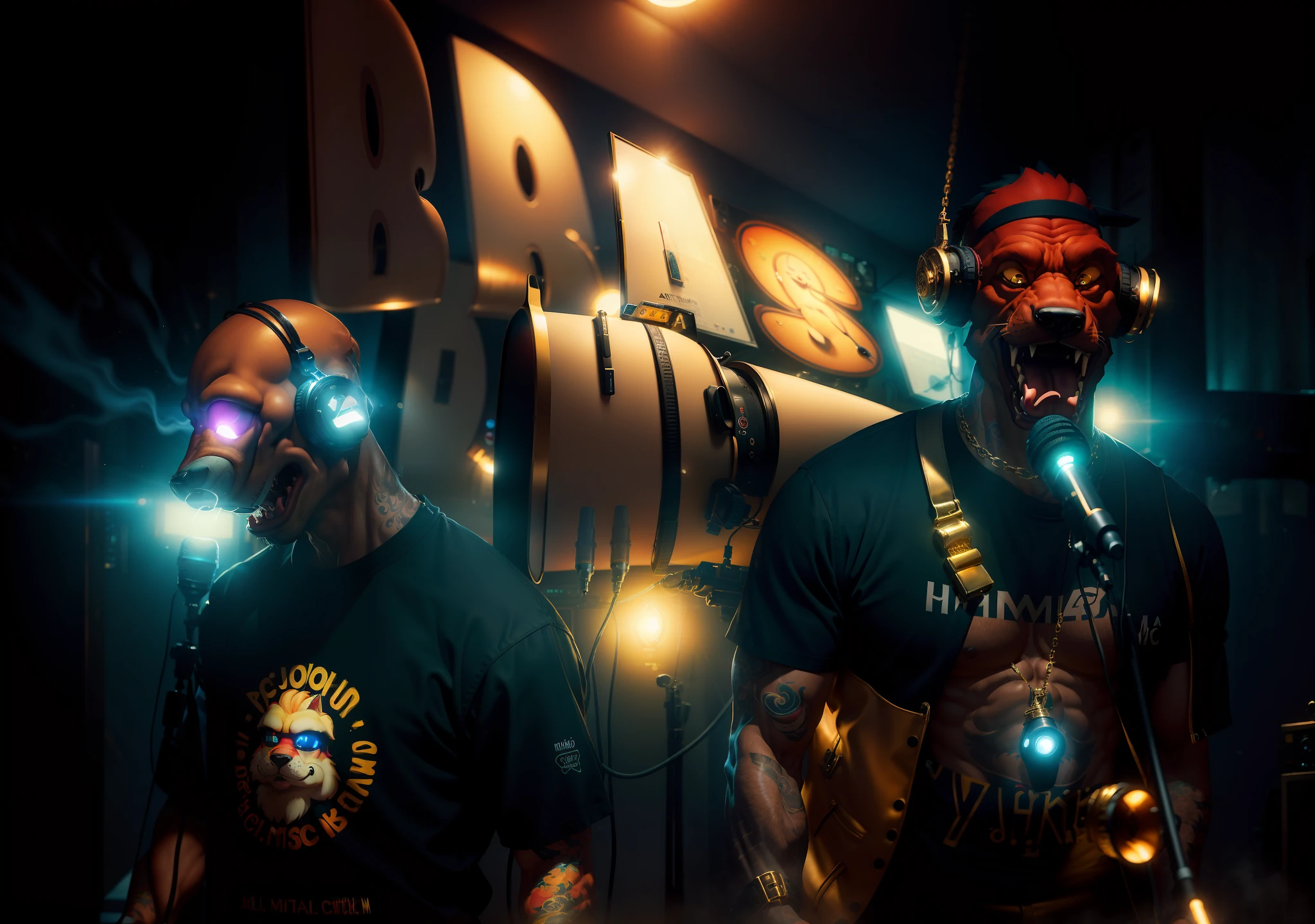((best quality)), ((ultradetailed)), ((masterpiece)), photography, scene: modern city music studio with two artists singing next to each other facing a microfne, theme: anthropomorphic animal mafia, character: jackal, appearance: sports mafia tattoos and a gold necklace, action: singing in front of a microphone, perspective: realistic style, resolution: 4K.