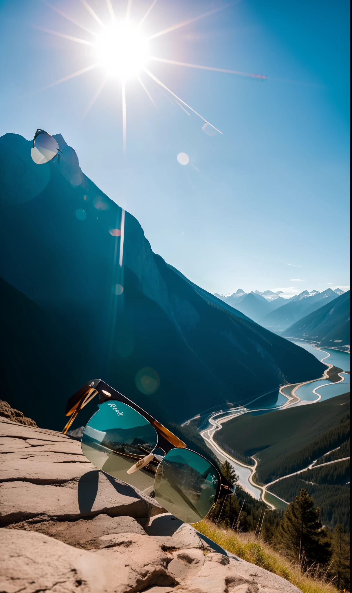 RAW photo, prada glasses, ray-ban, flying, amazing landscape, mountains, sun, 8k uhd, dslr, high quality, film grain, Fujifilm XT3