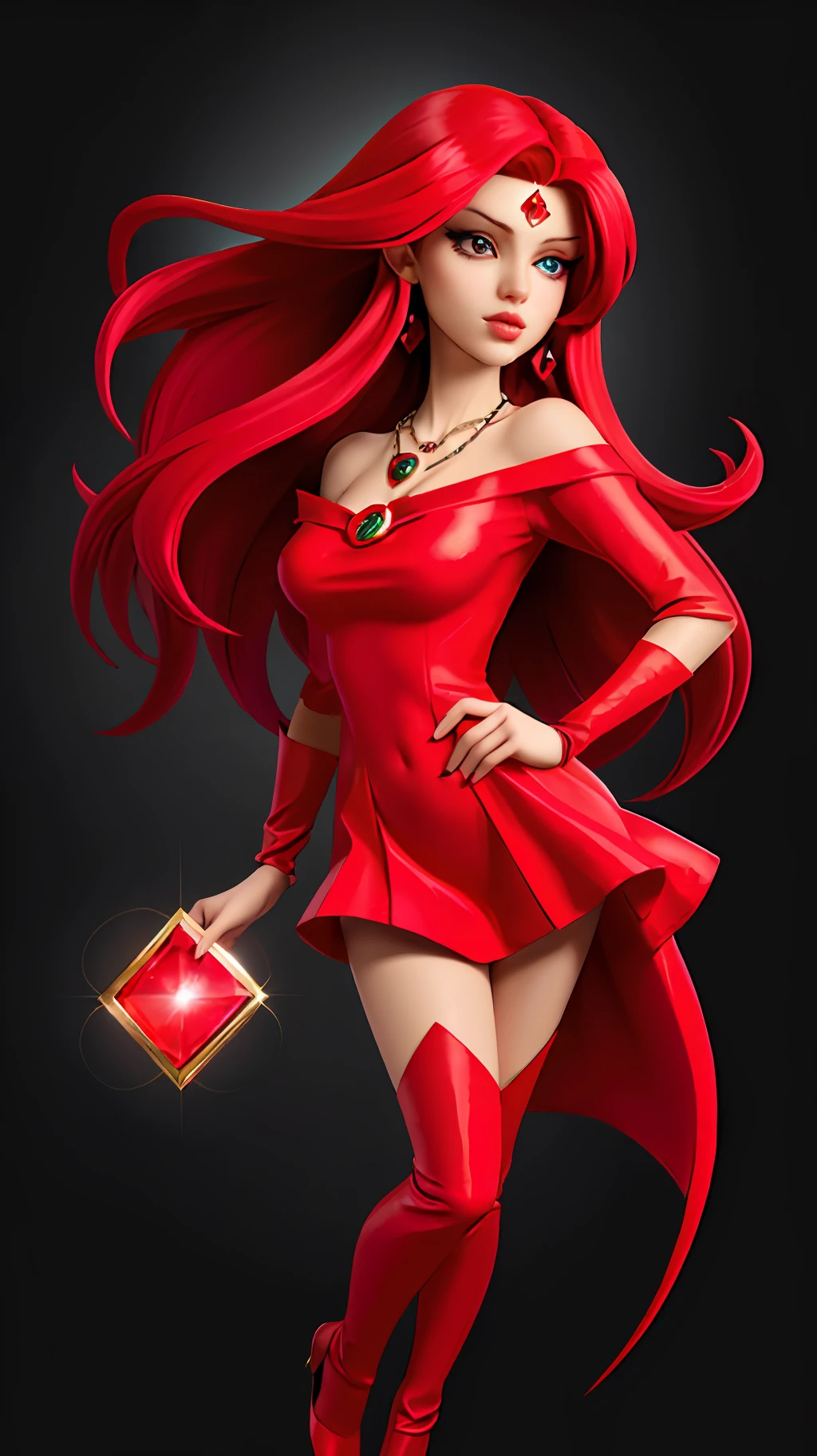 A woman wearing a necklace and holding him in the necklace with a bright red outfit card, cute eyes, looking at his energy, nice lip, long hair on the shoulder, epic exquisite character art, concept art