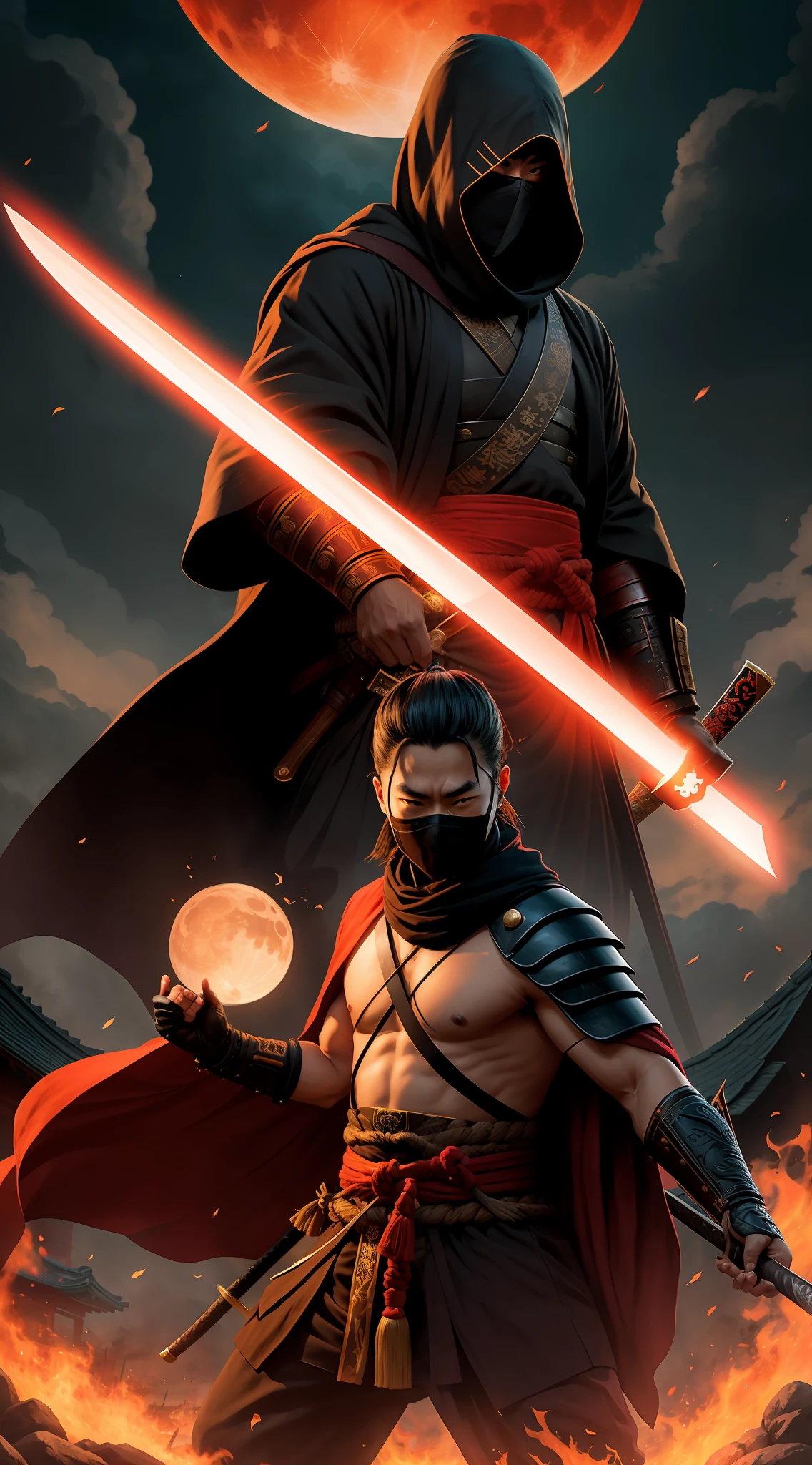 Title: The Enigmatic Samurai: A Tale of Intrigue, Honor, and Revenge
Prompt:
In feudal Japan, amidst the turmoil of clashing warlords and political factions, there exists an enigmatic samurai known only as Ushiro No Men, or "The Masked Stranger." With a mysterious past shrouded in darkness, this elusive figure dons a hauntingly intricate mask forged by ancient masters and wields an exceptionally sharp katana, forged by a legendary swordsmith, rumored to have been blessed by the gods themselves. The mask serves not only as a means of concealing his identity, but also as a reflection of his shattered yet unwavering spirit.
The Masked Stranger's legendary reputation transcends tales of his ferocity in battle, widely attributed both to his exceptional physical prowess and mastery of the samurai code, or bushido. Haunting whispers circulate amongst the common folk and noble elite alike, detailing the extraordinary lengths he will go to protect the honor and safety of those in need.
As the legend goes, Ushiro No Men appears when the oppressive hand of tyranny and injustice threatens the lives of the innocent. He emerges as a ghostly silhouette against a blood-red moon, rallying the downtrodden and fighting alongside them for justice and vengeance. Traversing the beautiful and treacherous landscapes of Japan, his relentless pursuit of justice knows no bounds.
Write a narrative that immerses the reader in Ushiro No Men's world, filled with rich sensory details, authentic cultural references, and vivid depictions of the characters and environment. The story should follow our masked hero as he unravels the threads of a deeply-rooted conspiracy orchestrated by a power-hungry warlord who is terrorizing the land.
In the course of his journey, Ushiro No Men becomes entwined with a band of unconventional allies, each endowed with unique skills and secrets of their own. With their heartwarming bonds and shared commitment to justice, this group of misfits aids our hero