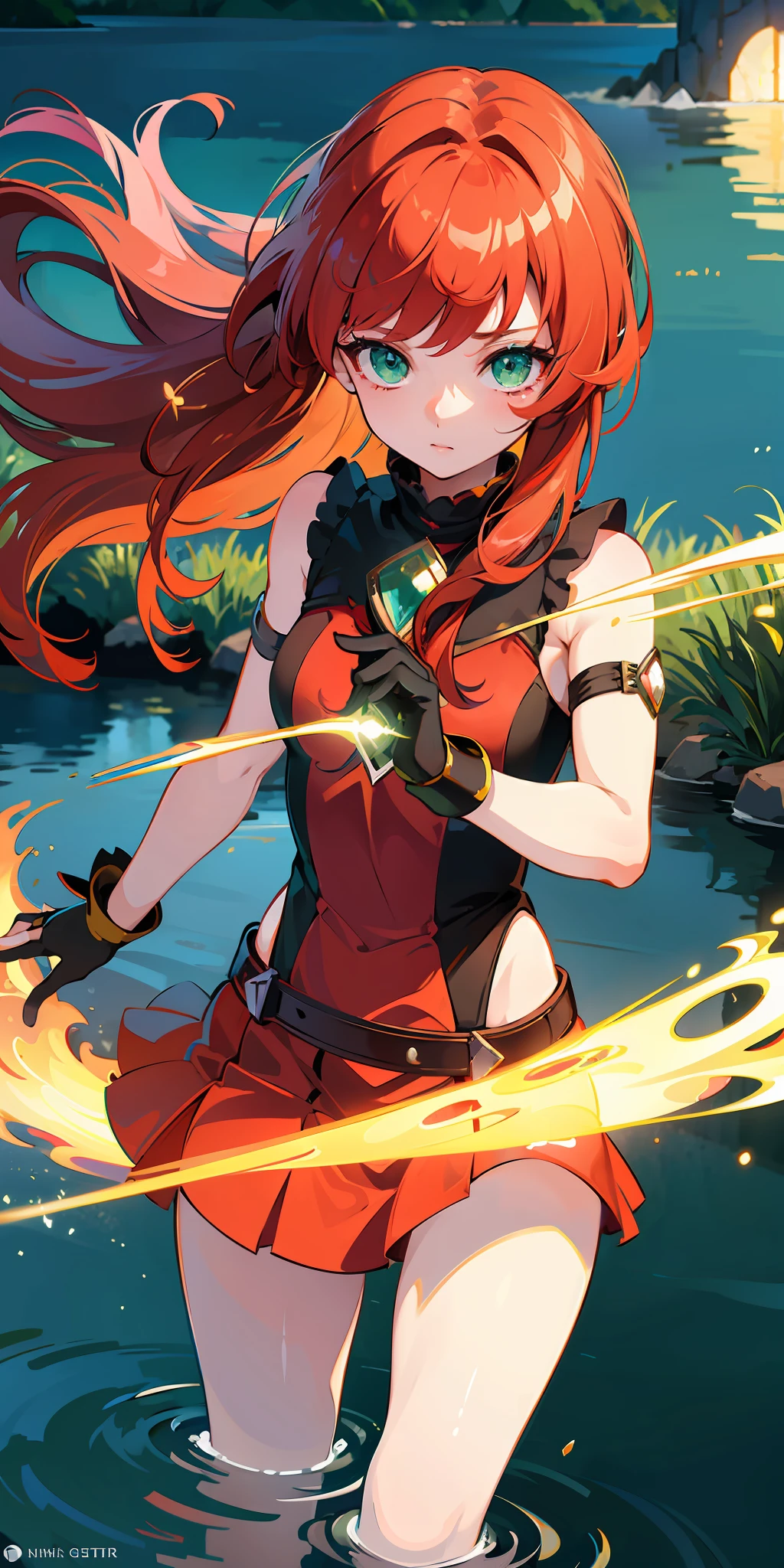 "((extremely detailed CG unity 8k wallpaper)), very best quality, ultra-detailed, floating,(1girl),bright green eyes, (red hair:1.2),crystal clear lake, beautiful landscape"