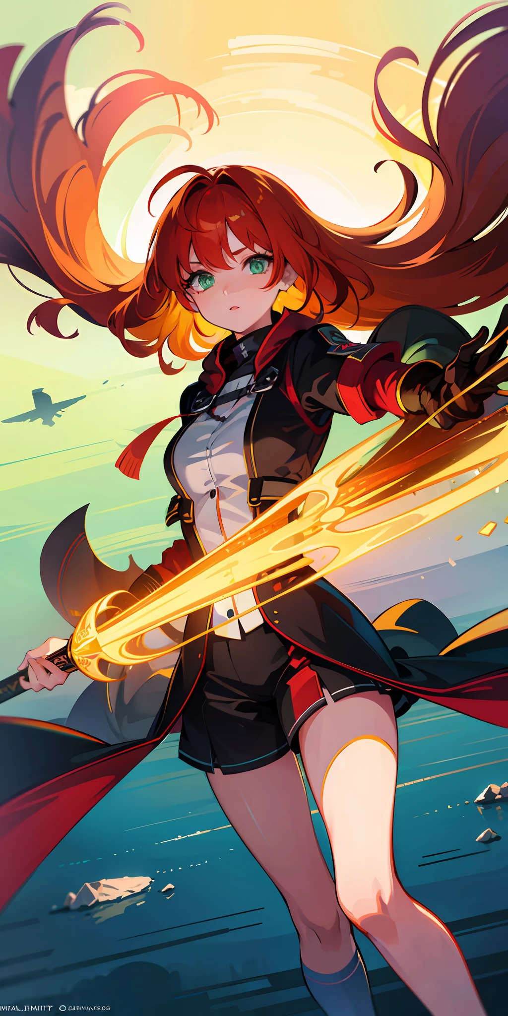 "((extremely detailed CG unity 8k wallpaper)), very best quality, ultra-detailed, floating,(1girl),bright green eyes, (red hair:1.2),crystal clear lake, beautiful landscape"