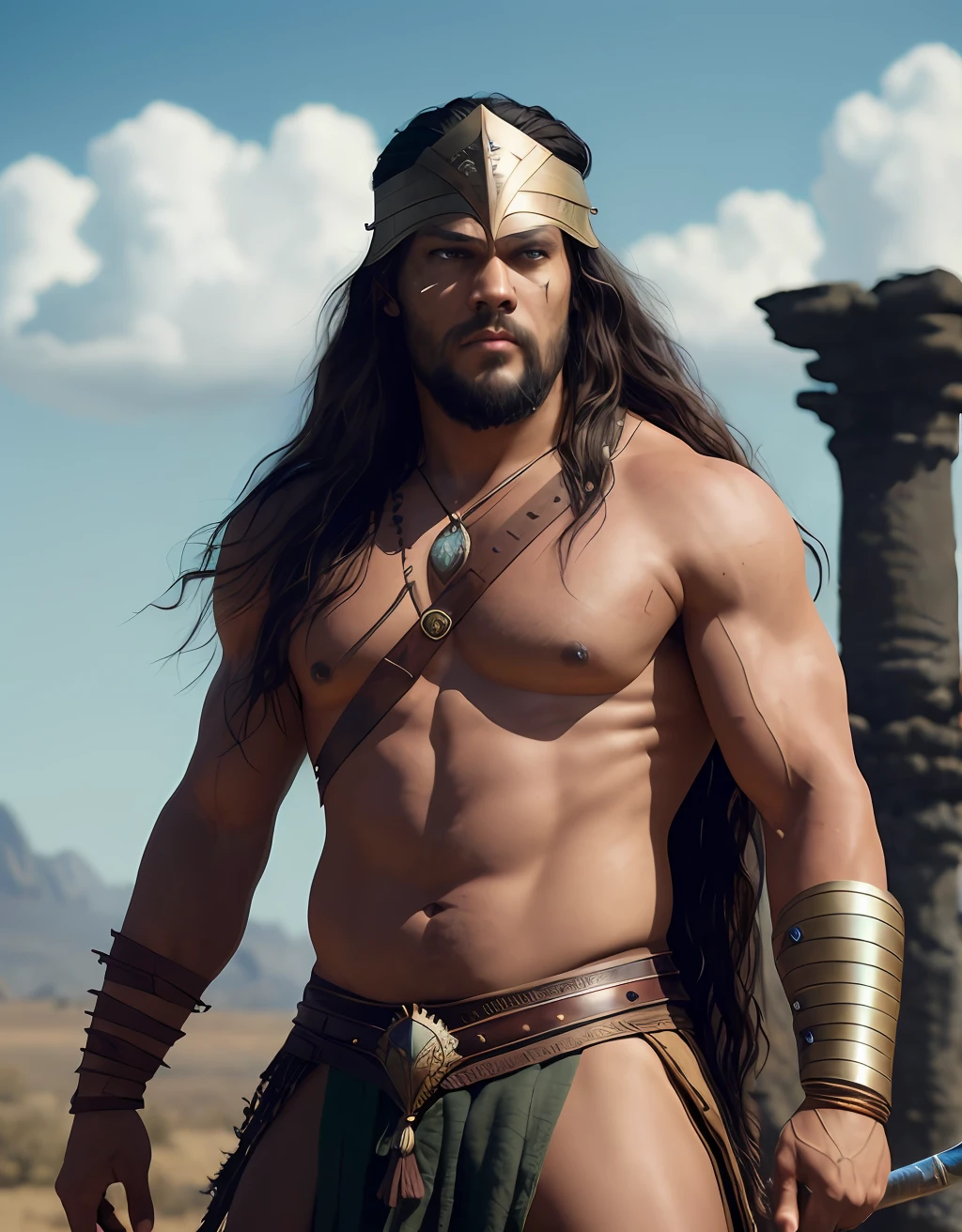 A photorealistic portrait of a shirtless Jason Momoa with long white hair, in a scene of Conan The Barbarian, wearing warrior clothes and a warrior helmet and a sword, with a battlefield as the background, a medieval movie still in the style of Zack Snyder, grotesque, fierce, tumblr contest winner, hurufiyya, renaissance painting, very strong and masculine, movie still, cinematic lighting. photograph, detailed symmetric realistic face, extremely detailed natural texture, peach fuzz, long hair, masterpiece, absurdres, nikon d850 film stock photograph, kodak portra 400 camera f1.6 lens, extremely detailed, amazing, fine detail, hyper realistic lifelike texture, dramatic lighting, unrealengine, trending on artstation, cinestill 800 tungsten, looking at the viewer, photo realistic, RAW photo, TanvirTamim, high quality, highres, sharp focus, extremely detailed, cinematic lighting, 8k uhd,-imagine-