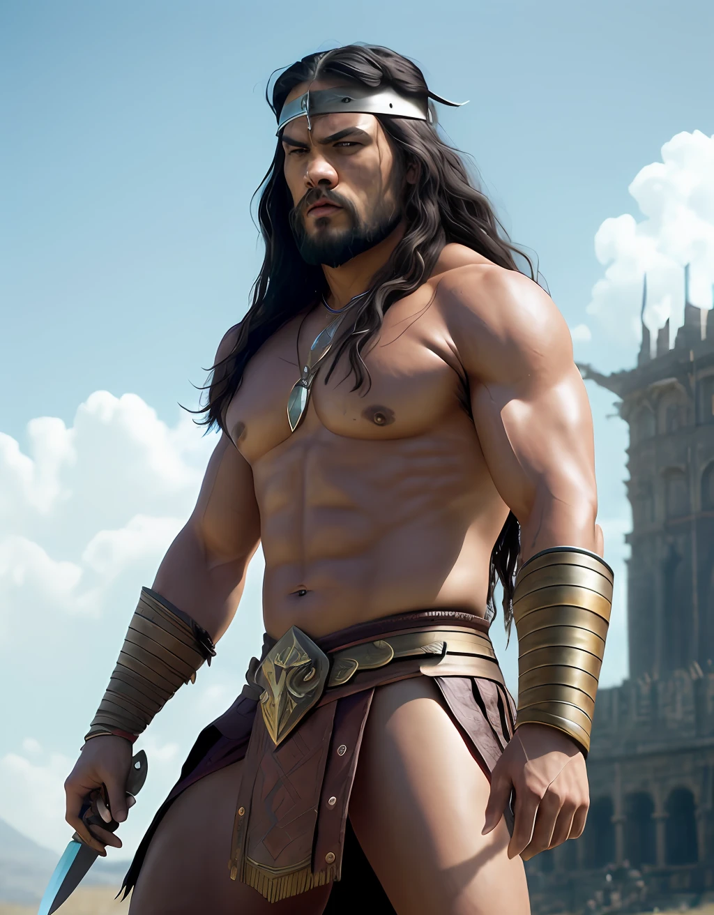 A photorealistic portrait of a shirtless Jason Momoa with long white hair, in a scene of Conan The Barbarian, wearing warrior clothes and a warrior helmet and a sword, with a battlefield as the background, a medieval movie still in the style of Zack Snyder, grotesque, fierce, tumblr contest winner, hurufiyya, renaissance painting, very strong and masculine, movie still, cinematic lighting. photograph, detailed symmetric realistic face, extremely detailed natural texture, peach fuzz, long hair, masterpiece, absurdres, nikon d850 film stock photograph, kodak portra 400 camera f1.6 lens, extremely detailed, amazing, fine detail, hyper realistic lifelike texture, dramatic lighting, unrealengine, trending on artstation, cinestill 800 tungsten, looking at the viewer, photo realistic, RAW photo, TanvirTamim, high quality, highres, sharp focus, extremely detailed, cinematic lighting, 8k uhd,-imagine-