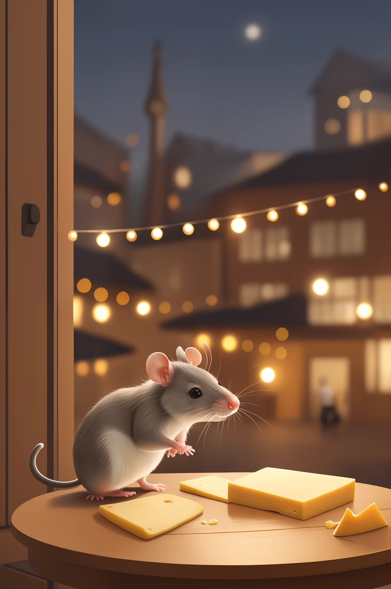 Cute rat eating chesse on the table, kitchen, night, cinematic litghti g, digital painting, photorealistic, hyperrealistic, school in background, detailed, children , morni g