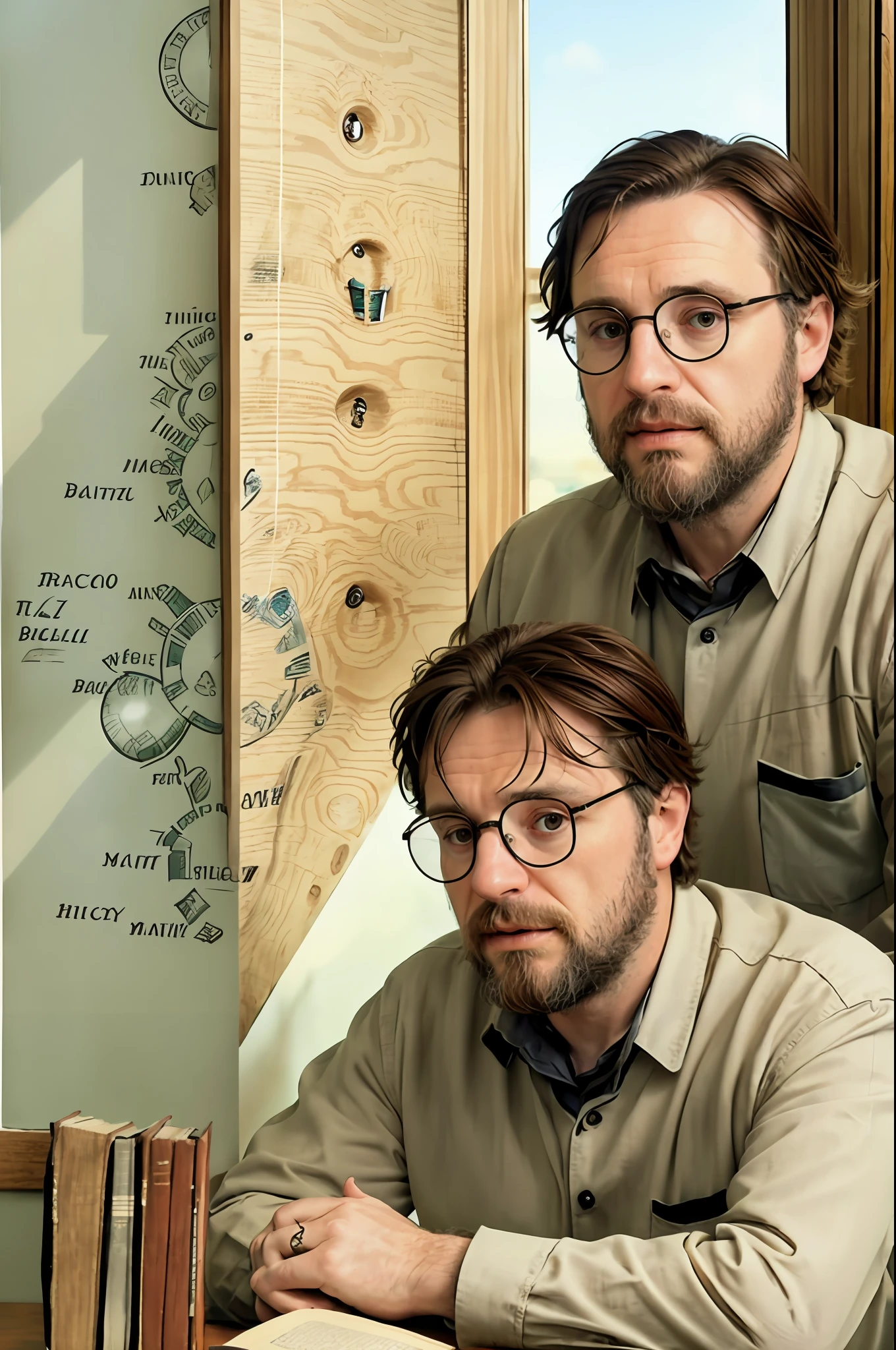 RAW Realistic image of a white man, 45 years old, with glasses, brown hair, brown hair and gray beard, identical to Father Reginaldo Manzotti, a history teacher, sitting at a wooden desk with open books and a globe on the side, looking out at the sea through the classroom window. photo of a man