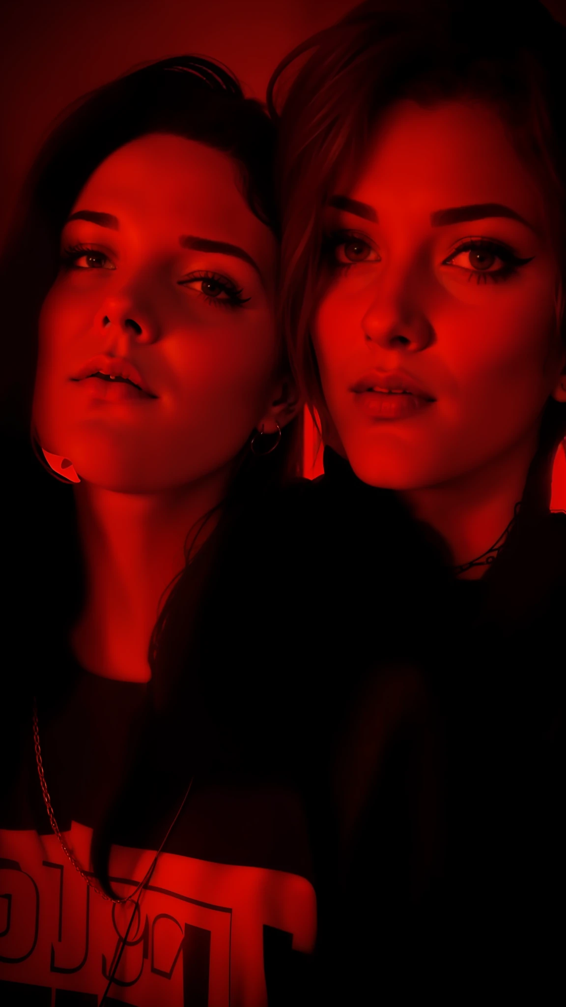 There are two people who are posing for a photo together, very low quality image, low quality grainy, heavy grainy image, low quality grainy, Mungojerrie and Rumpleteazer, profile photo, low quality photograph, profile image, gothic horror vibes, red lighting on their faces, darkwave 📷 gothic aesthetic, both have red lips, They're both in love