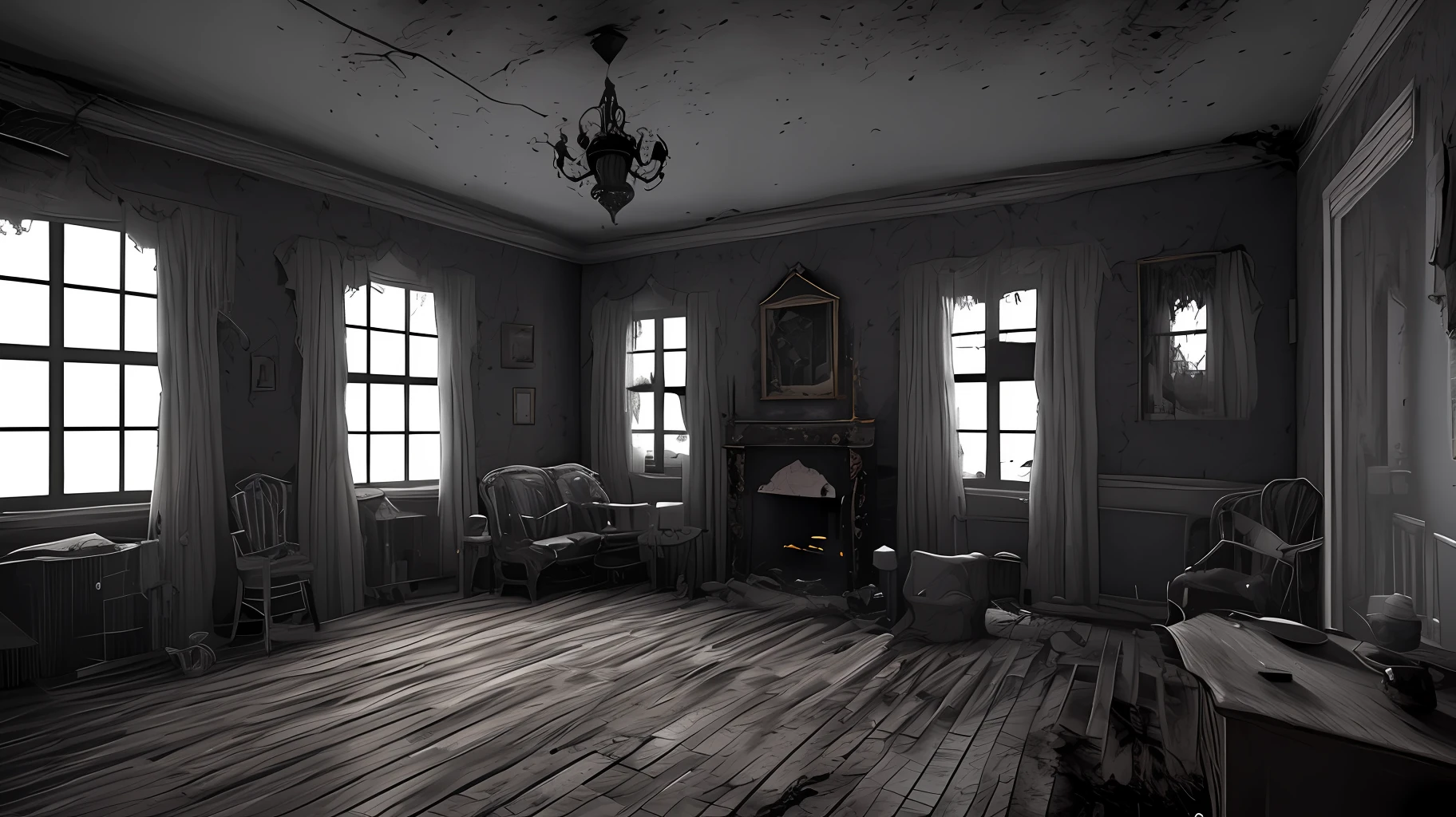 Interior of a haunted house. Detailed, dsrk, dark, ghosts, 8k