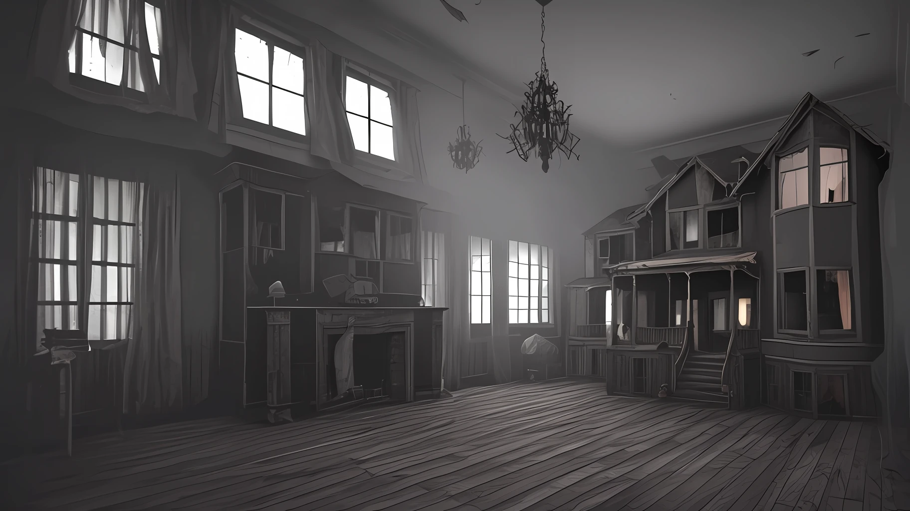Interior of a haunted house. Detailed, dsrk, dark, ghosts, 8k