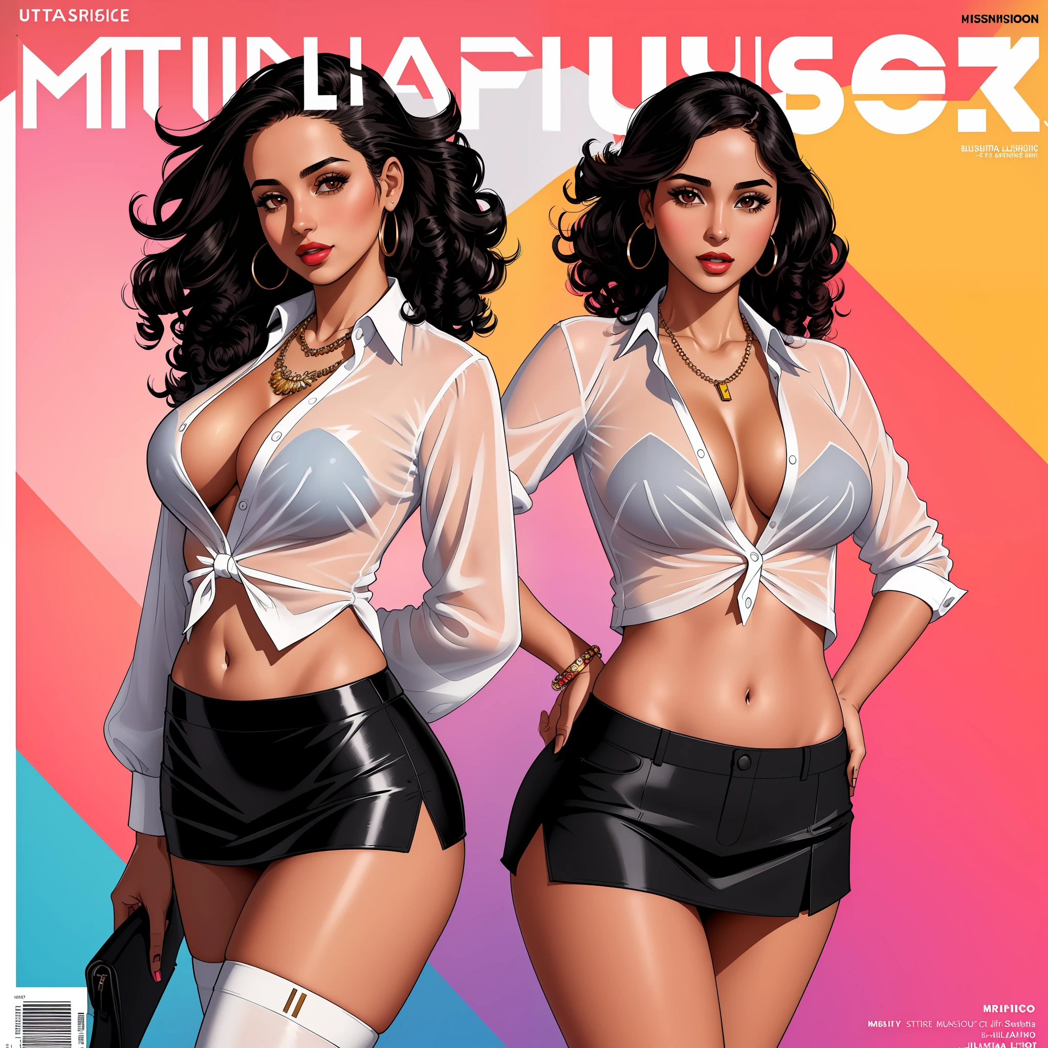 ((((best quality))), (((ultra detailed))), (((masterpiece))), illustration,(Magazine cover-style illustration of a fashionable ((latina woman)) in a vibrant outfit), posing in front of a colorful and dynamic background. She has a confident expression and is holding a statement accessory, The text on the cover should be bold and attention-grabbing, with the title of the magazine and a catchy headline. The overall style should be modern and trendy, with a focus on fashion and lifestyle),
wall paper,crowds,fashion,Lipstick,ray tracing,depth of field, street,in public,day
1girl,solo,looking at viewer, glossy skin, contrapposto,  navel, midriff, necklace, female focus,model,medium breasts, ,street,in public, semi transparent ultrathin white shirt unbuttoned, school uniform, black knee high tights,black short miniskirt, arms crossed,
cool, see-through, school uniform,jitome,
,underboob,((floating curly hair, black colo hair, tanned skin)), sexy ,fine fabric emphasis, dynamic pose, negative space:0.35, realistic:1.33,