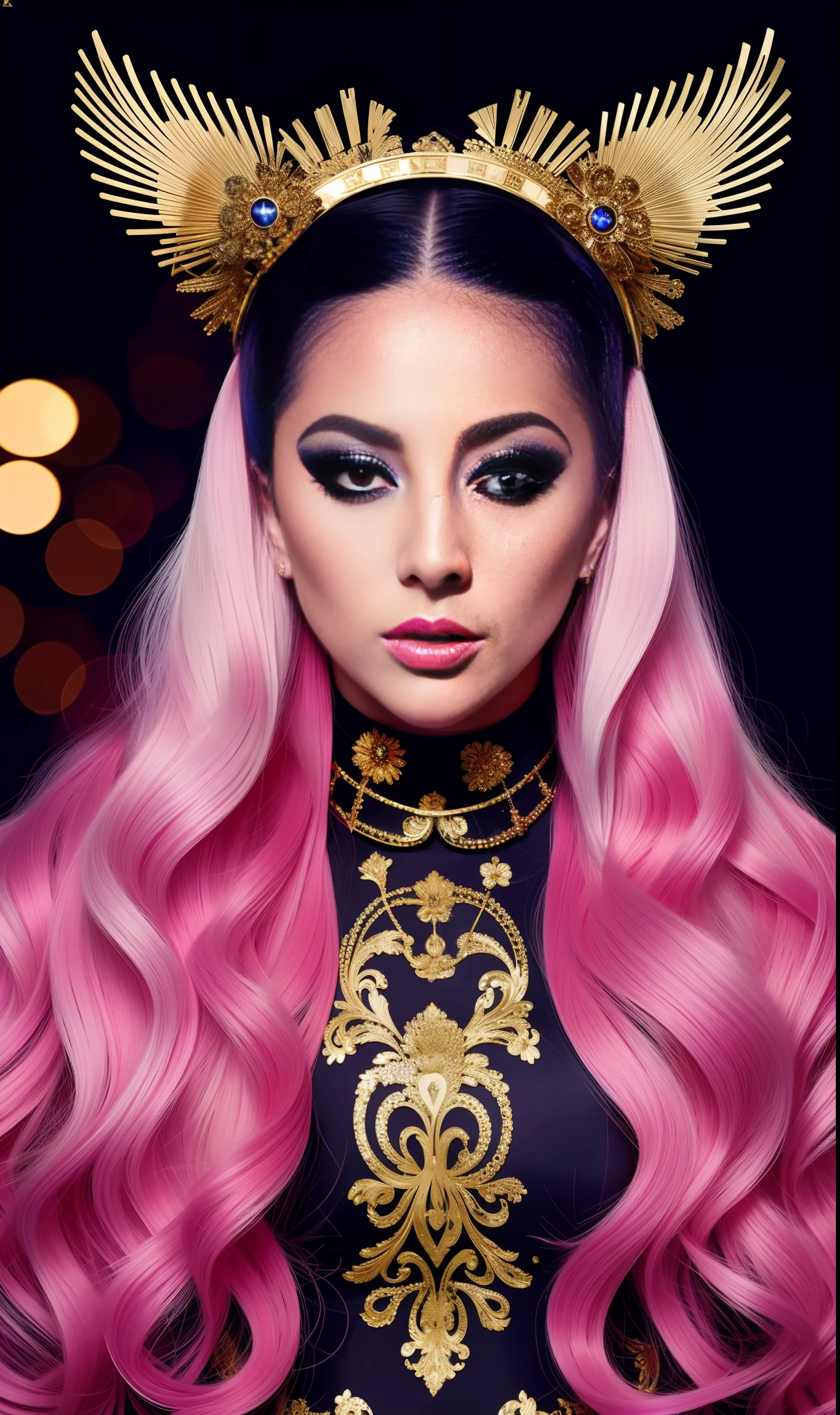 lady gaga with Versace Japanese print dress, 4K texture, long hair, high quality, extravagant hairstyle, original album cover, 8k image, futuristic, high image quality, at night, hair accessories, very realistic and defined face, 1.80 image quality, sharp image quality, various poses