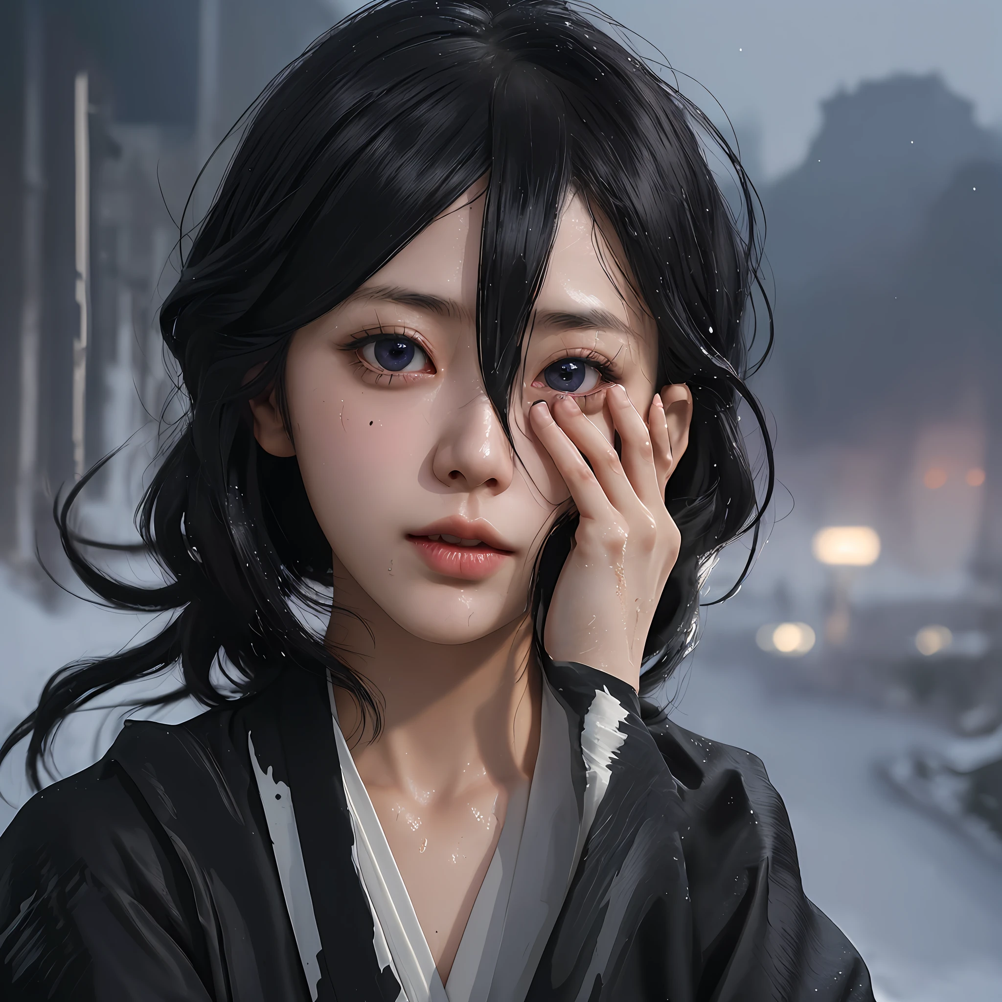 Random stance, mix4, fortnite version, (8k, RAW photo, best quality, masterpiece: 1.2), (realistic, photo-realistic: 1.37), standing, 1girl, beautiful, cityscape, night, snow, wet, professional lighting, photon mapping, radiosity, physically-based rendering, gradient black colored hair, hair between eyes, beautiful, girl, japanese clothes, black kimono, track, high quality image, high resolution, 1080p, (light face), (detailed facial description), (detailed description of the hand), (masterpiece), (exquisite CG), extreme light and shadow, messy hair, master's work, rich details, (fine facial features), (high quality image), (masterpiece), (detailed eyes), Look forward with your detailed black eyes, thin collarbone, (Kuchiki Rukia).