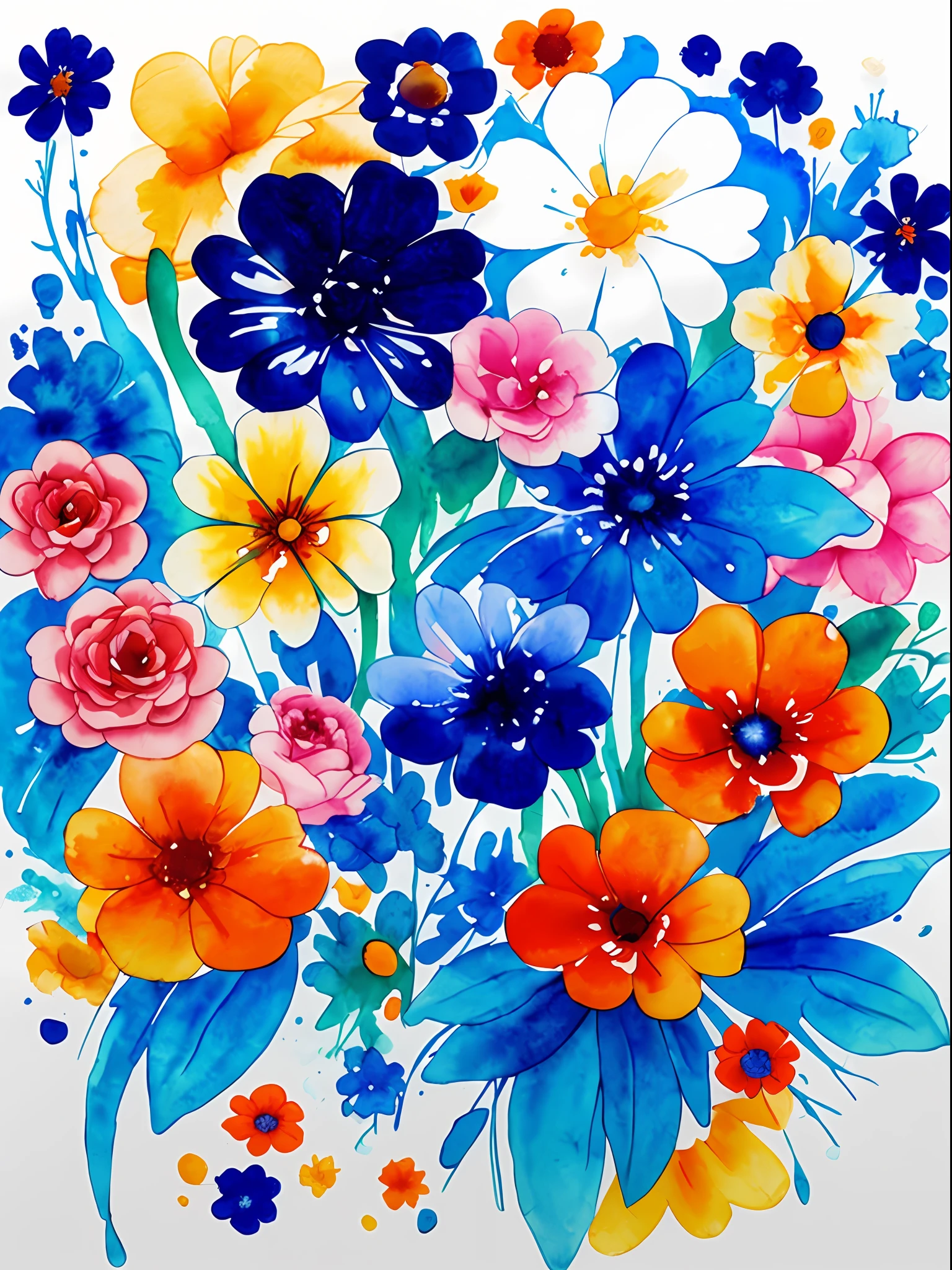watercolor, flower, blue and orange, beautiful, size 
 3:3 ,watercolor style, flower and leaf patterns, wet in wet technique, mute, indigo, fabric design, flat illustration, highly detailed cleaning, vector image, masterpiece, professional, isometric, bright vector, black background, dry brush, brushstrokes, painted on canvas, by J.M.W. Turner. expressive marks.