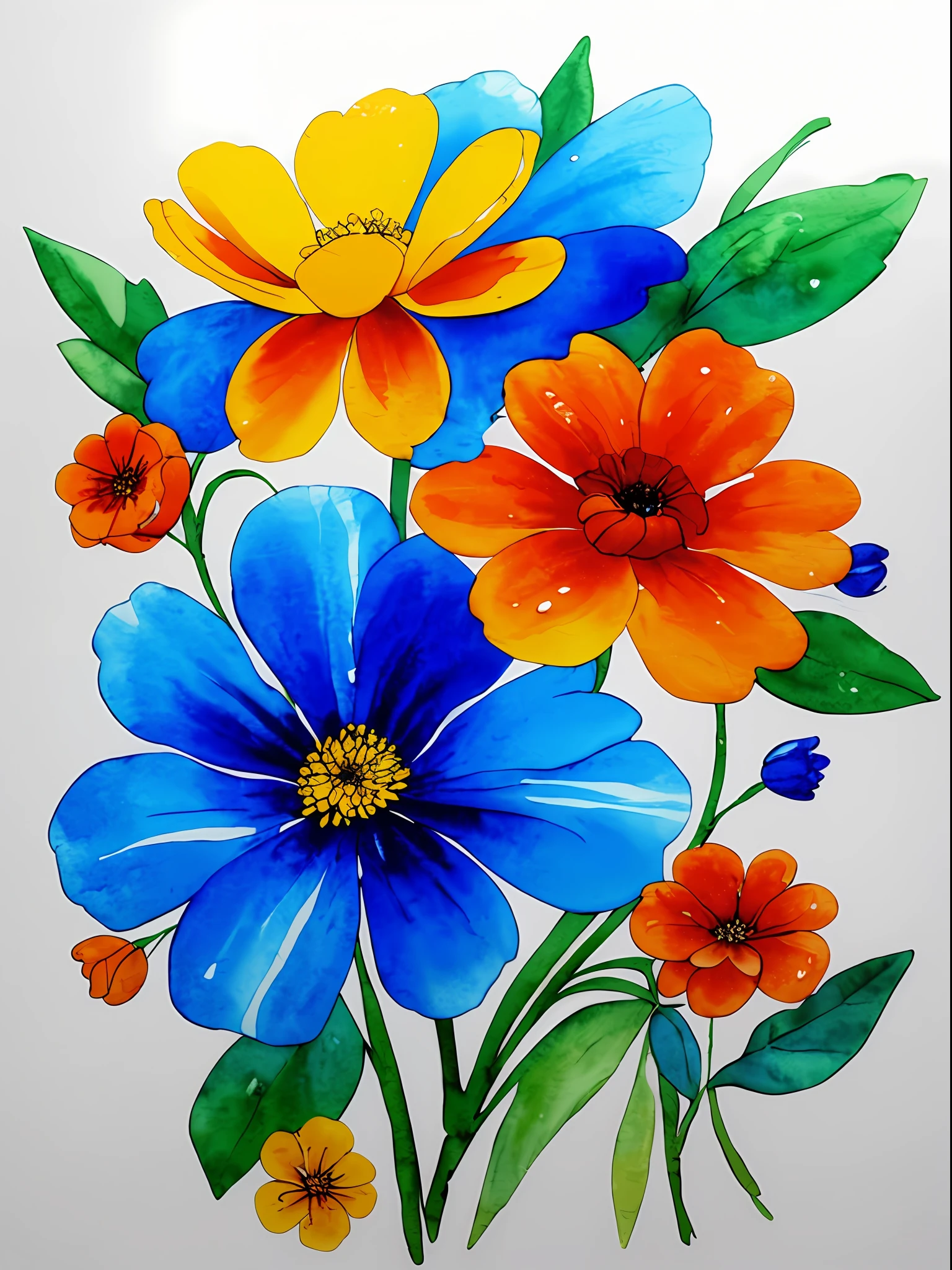 watercolor, flower, blue and orange, beautiful, size 
 3:3 ,watercolor style, flower and leaf patterns, wet in wet technique, mute, indigo, fabric design, flat illustration, highly detailed cleaning, vector image, masterpiece, professional, isometric, bright vector, black background, dry brush, brushstrokes, painted on canvas, by J.M.W. Turner. expressive marks.