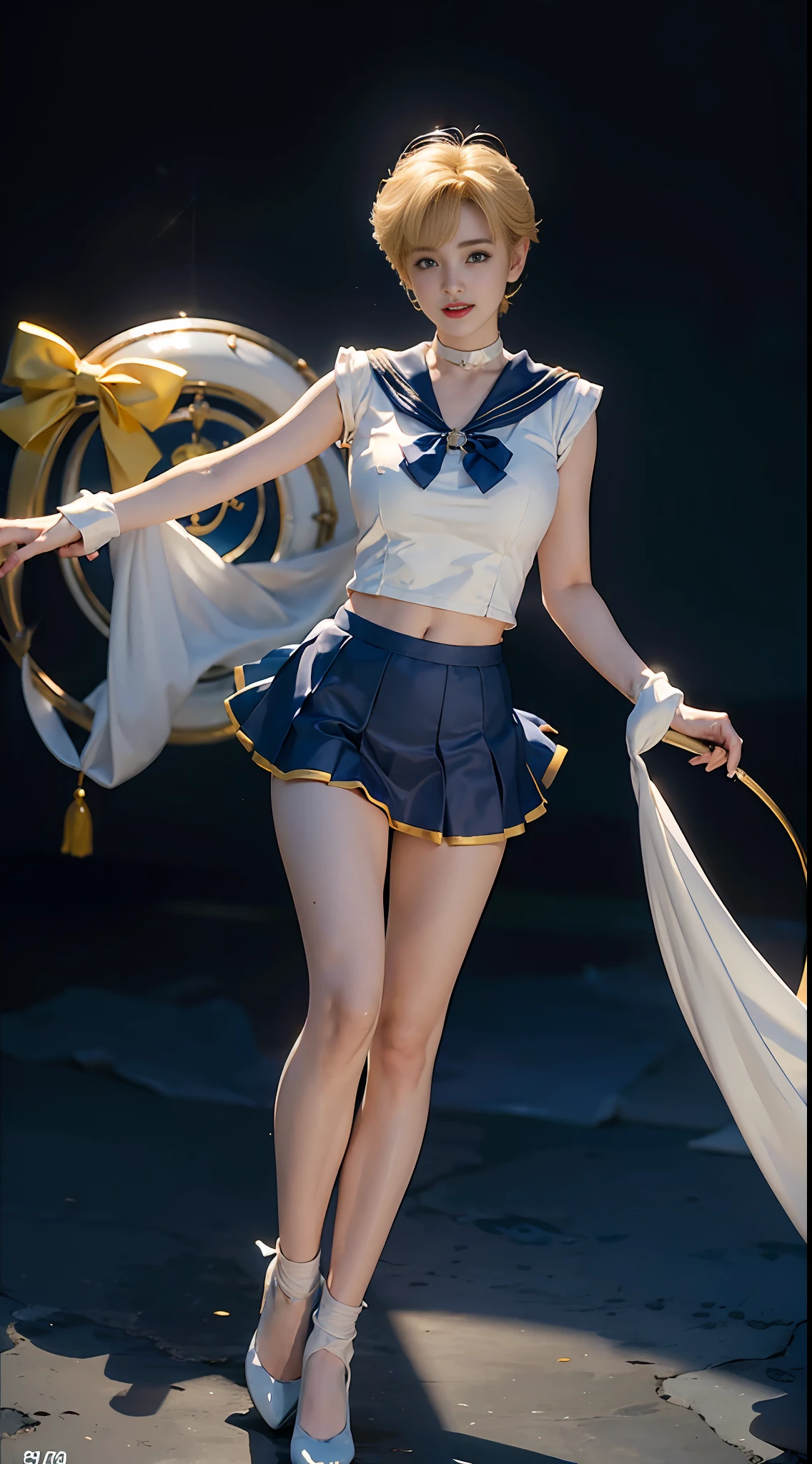 ((Sailor Moon 1:1)) ((Sailor Uranus 1:1)) Best Quality, Ultra High Resolution, Masterpiece, (Realisticity: 1.6), 16K, (1girl with open navel), (Sailor suit: 1), (Yellow bow: 1), (Blue miniskirt: 1), White stockings, Full body shot, Life scene, Mature smile