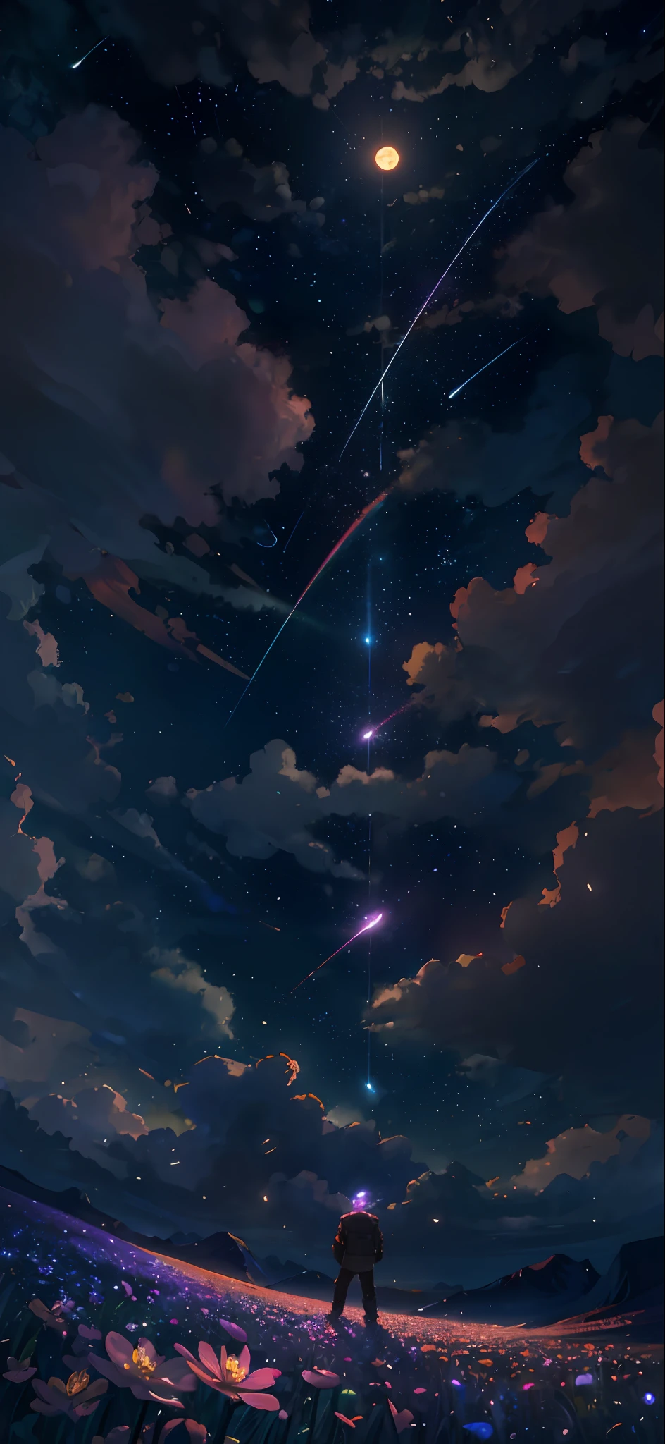 Vast landscape photo, (viewed from below, the sky is above and the open field is below), a boy with wings both side of his back, standing on a flower field looking up, (full moon: 1.2), (meteor: 0.9), (nebula: 1.3), distant mountains , Trees BREAK Crafting Art, (Warm Light: 1.2), (Fireflies: 1.2), Lights, Lots of Purple and Orange, Intricate Details, Volumetric Lighting, Realism BREAK (Masterpiece: 1.2), (Best Quality), 4k, Ultra-Detailed, (Dynamic Composition: 1.4), Very Detailed, Colorful Details, (Rainbow Colors: 1.2), (Glow Lighting, Atmospheric Lighting), Dreamy, Magical, (Solo: 1.2)