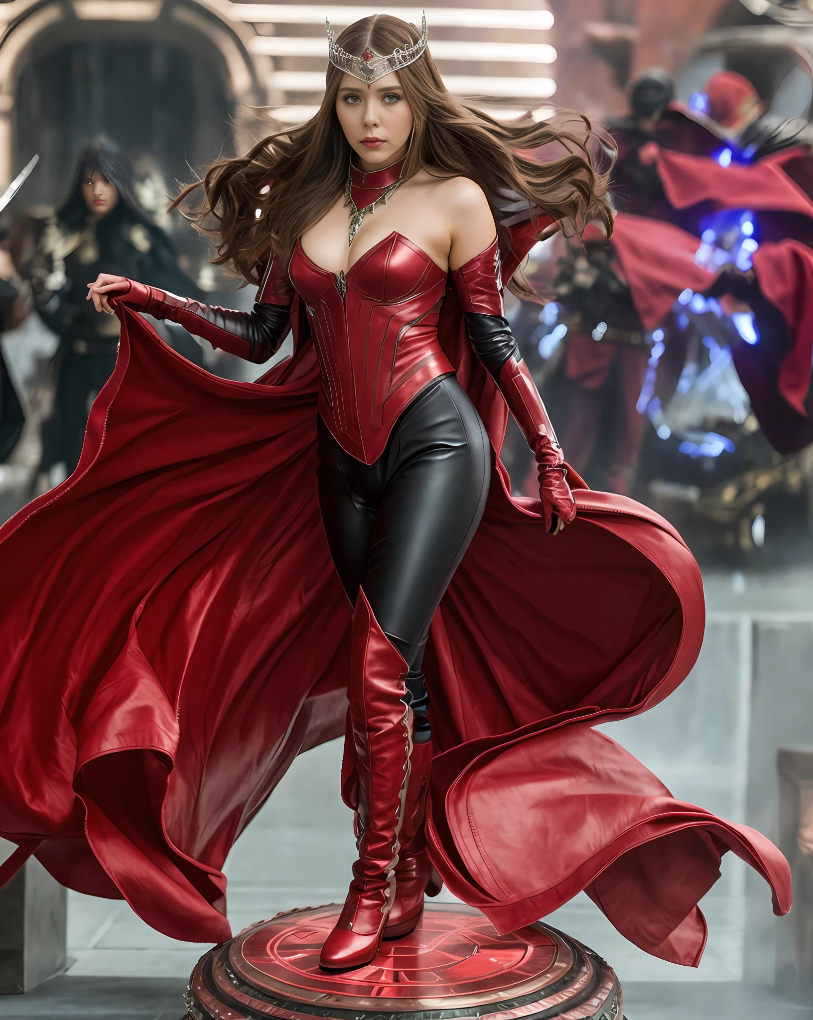 Elizabeth Olsen, scarlet sorceress, brown hair, leather suit, power effect on hands, staring, tiara on head.