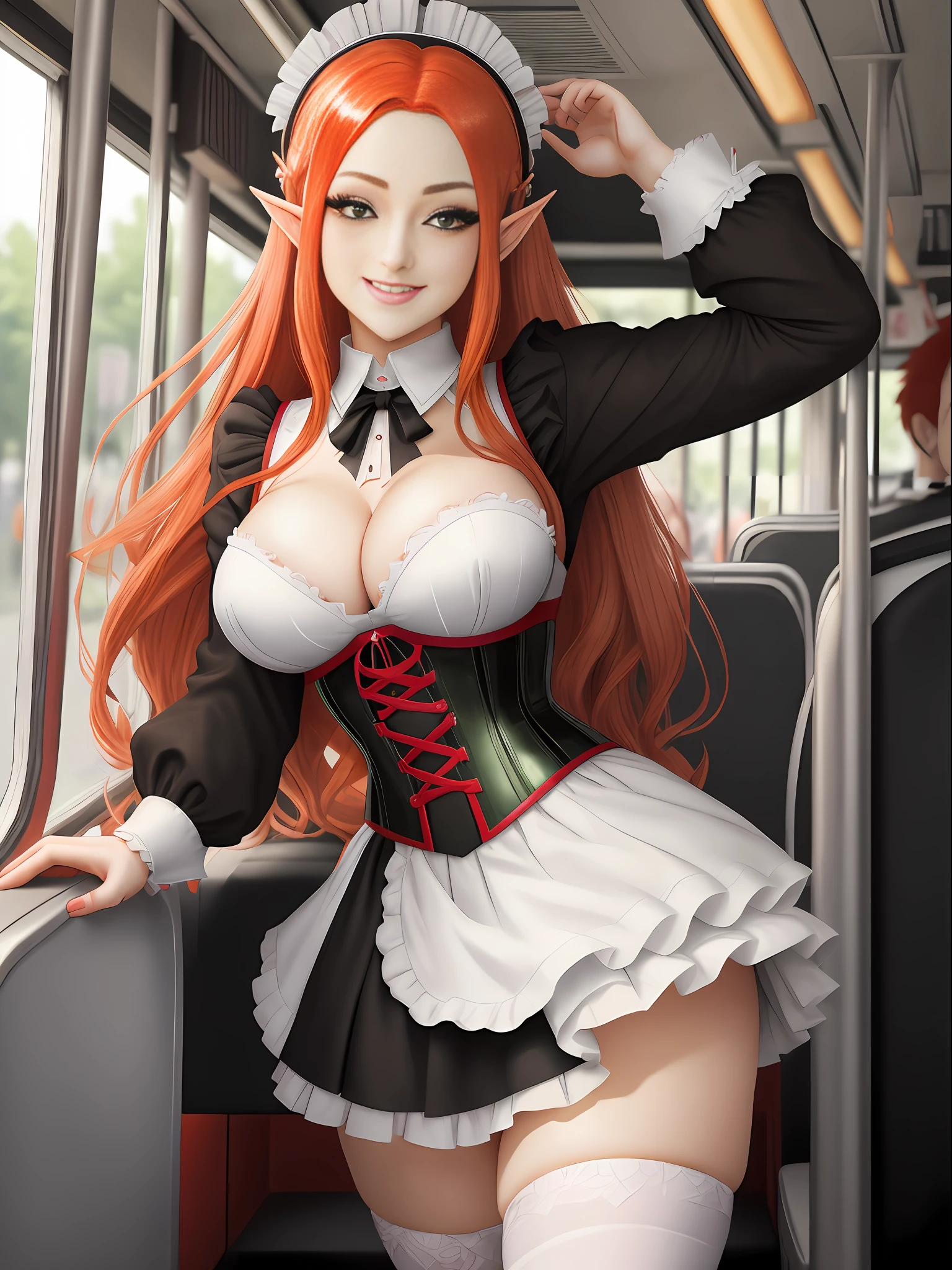 Anime style, masterpiece, maximum quality, maximum resolution, maximum sharpness. A woman in a maid outfit / Princess Zelda / Ultraman / huge breasts / several men around her, inside a bus, she has red hair, green eyes, is smiling, her clothes are black shirt with white shot and white corset.