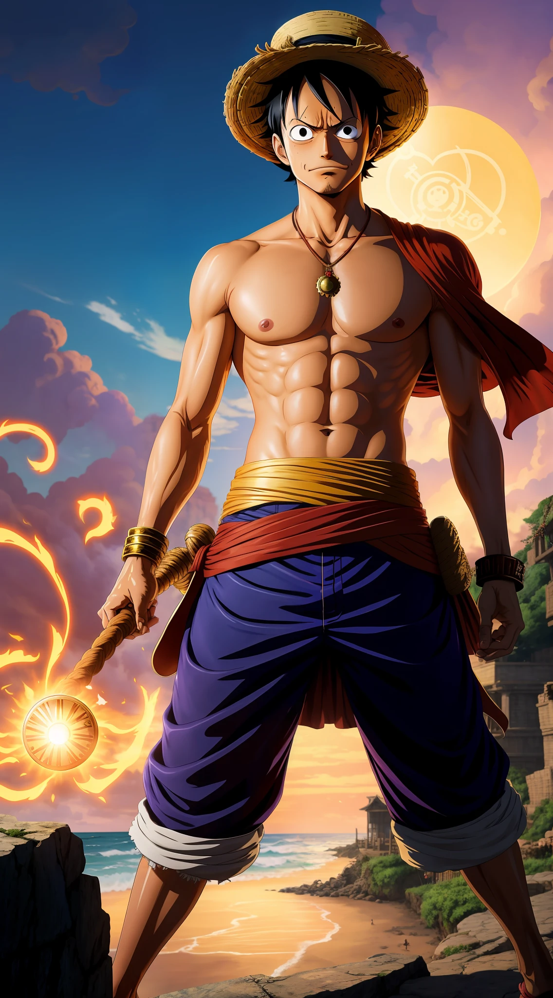 Title: Luffy's Cognitive Trial: The Untold Battle for the Heart of One Piece
In the arcane corners of the Golden Terra Islands, an enigmatic entity known as the Mnemonic Sage has resided for centuries. They possess the power to manipulate cognitive realities and confer ethereal treasures to those deemed worthy. Having heard of its prowess, Luffy, the Straw Hat Pirates captain, decides to undergo the Sage's trial to attain a valuable edge on his journey to become the Pirate King and uncover the secret of the coveted One Piece treasure.
Upon arriving at the Mnemonic Temple, Luffy discovers that it is a labyrinth, composed of interlocking cognitive realms manifesting his deepest fears and vulnerabilities. To obtain the mystical artifact, Luffy must navigate through these haunting manifestations and confront the muddled specters of his past, including past foes and loved ones. His most difficult challenge arises when faced with a cognitively constructed amalgamation of all the arduous challenges he has faced – a formidable opponent born from the darkest corners of his own psyche.
It is through this harrowing ordeal that Luffy not only acquires invaluable insights into the true nature of the One Piece treasure, but he also witnesses the powerful impact of human resilience and empathy. Fear, regret, and sorrow become his allies as he embraces the light of self-discovery, unlocking his dormant abilities and transcending the barriers of reality that he concurrently learns are essential aspects of the human experience. Will Luffy gain the power he needs, or will the ordeal shatter him, leaving his dreams in ruins?